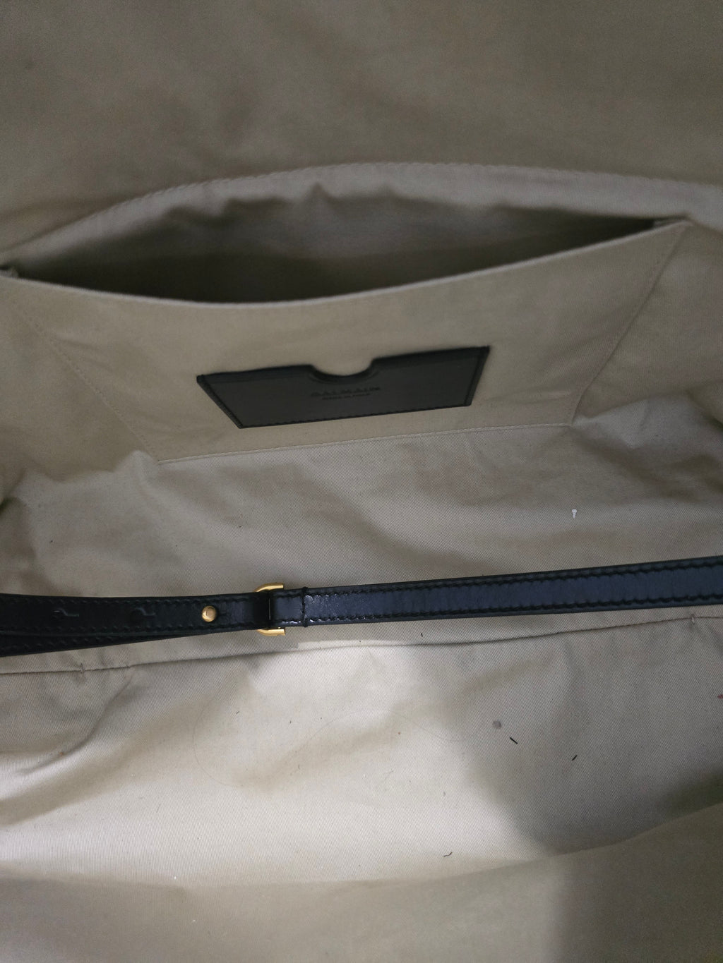 Balmain Paris Blue Denim Track Tote Bag White Letters Black Leather Handles Gold Hardware