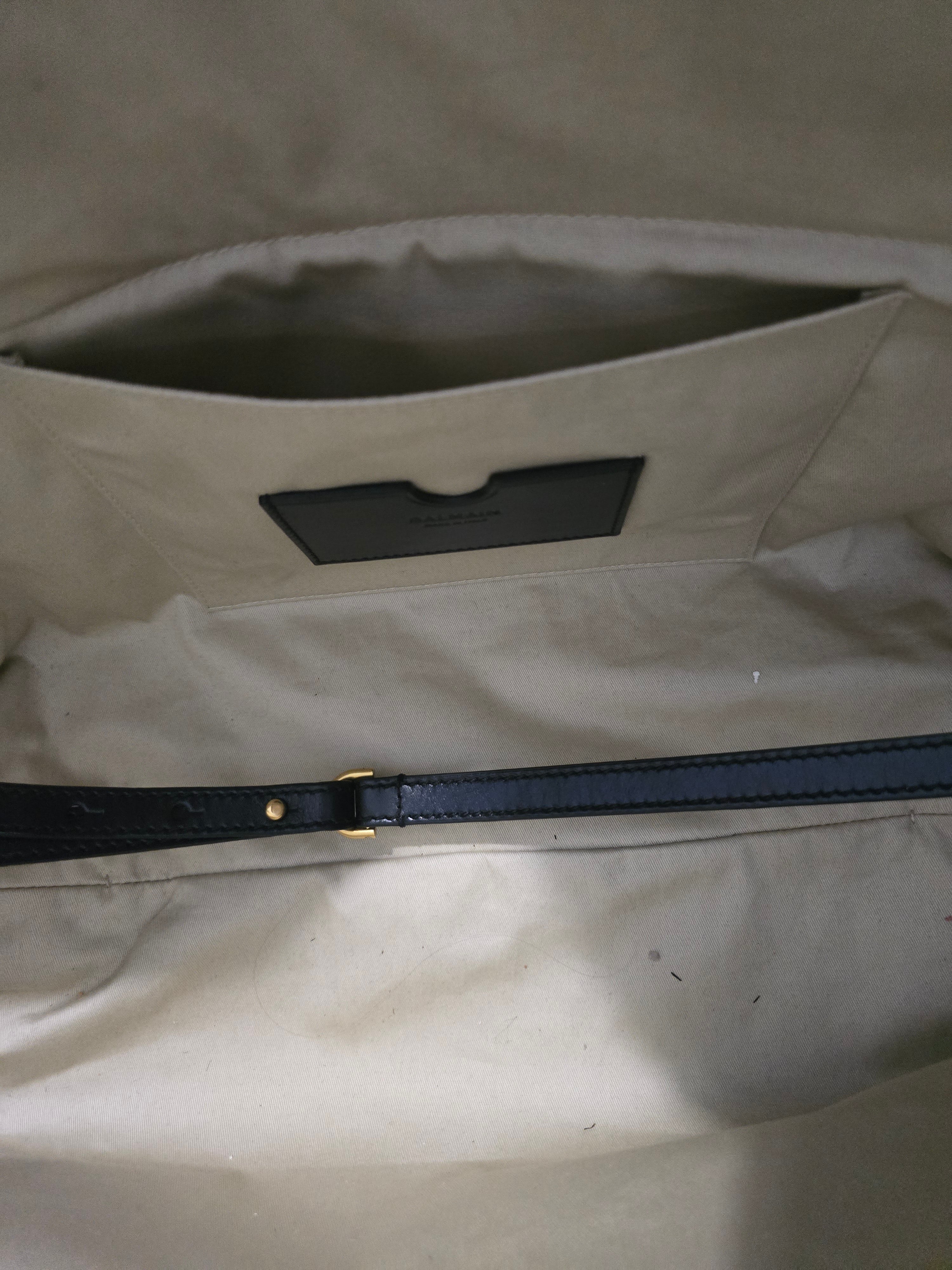 Balmain Paris Blue Denim Track Tote Bag White Letters Black Leather Handles Gold Hardware