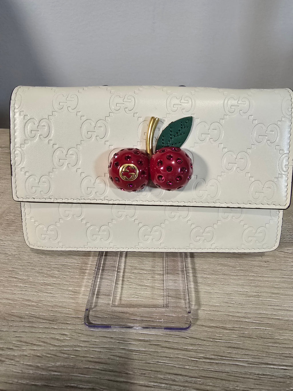 Gucci GG Leather Cherries Mini Bag White Gold Chain