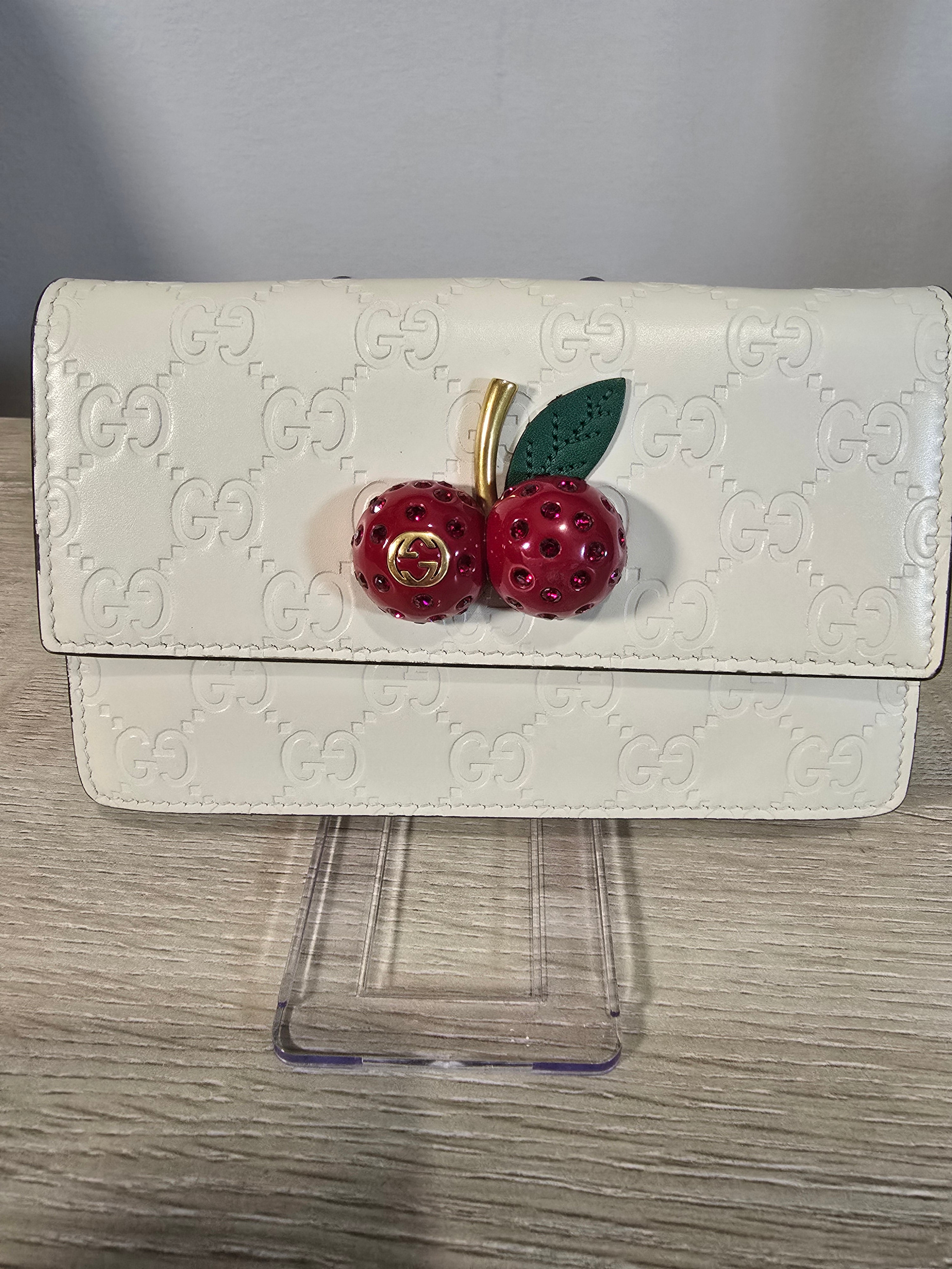 Gucci GG Leather Cherries Mini Bag White Gold Chain