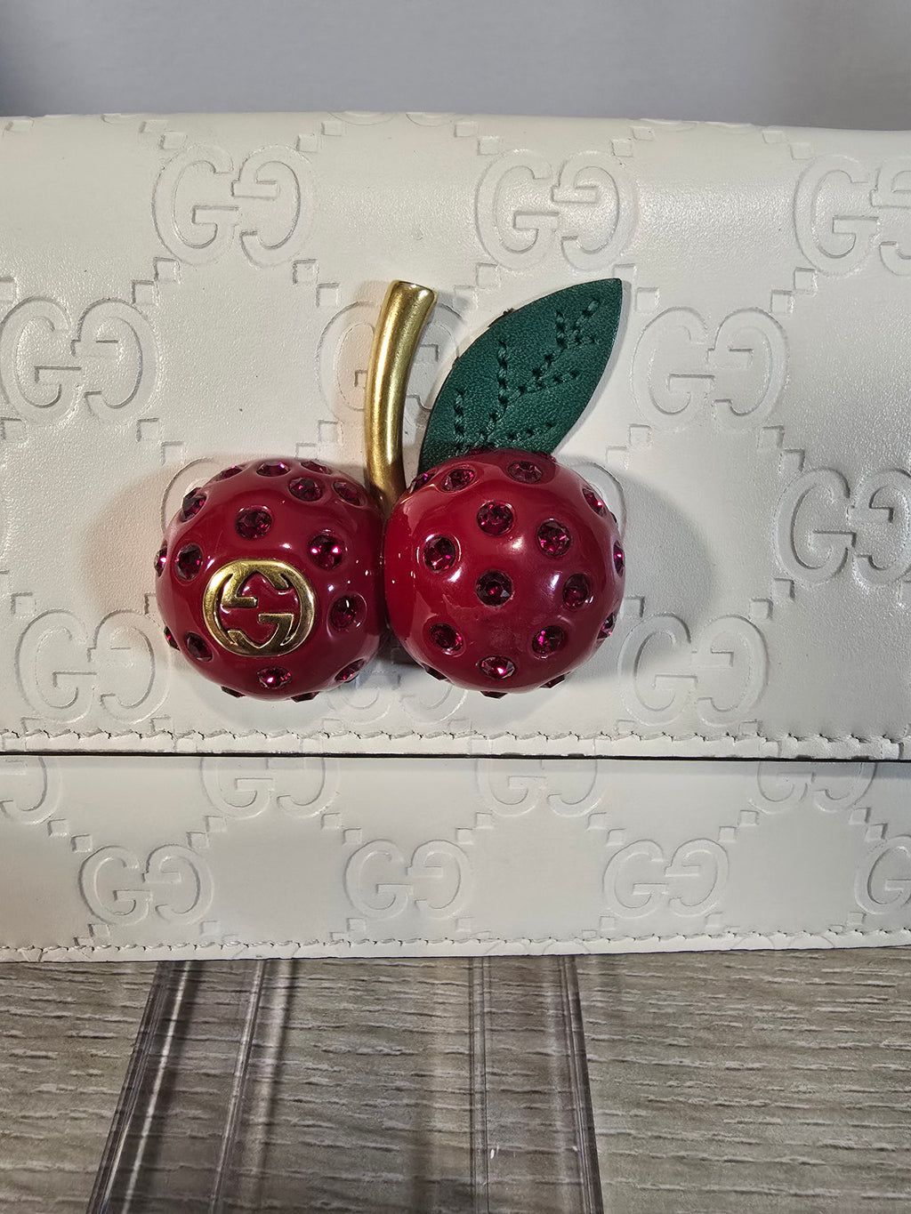 Gucci GG Leather Cherries Mini Bag White Gold Chain