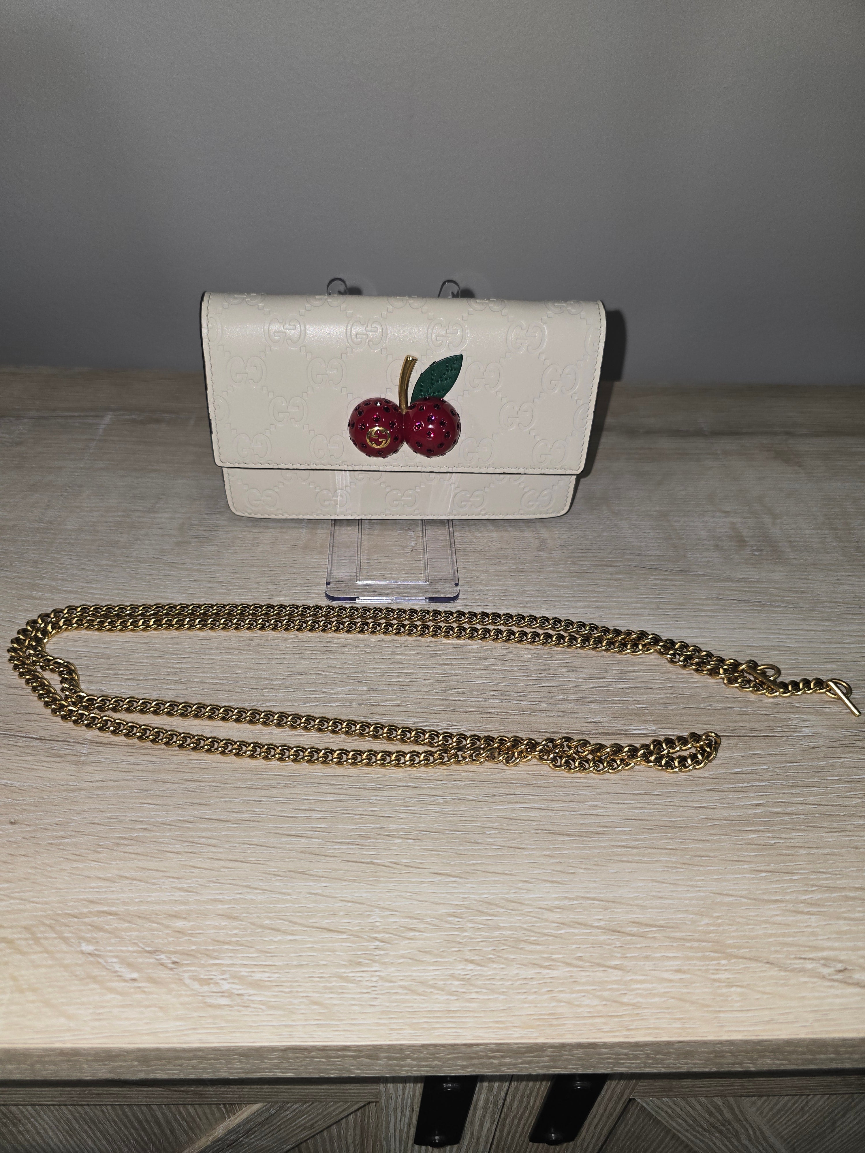 Gucci GG Leather Cherries Mini Bag White Gold Chain