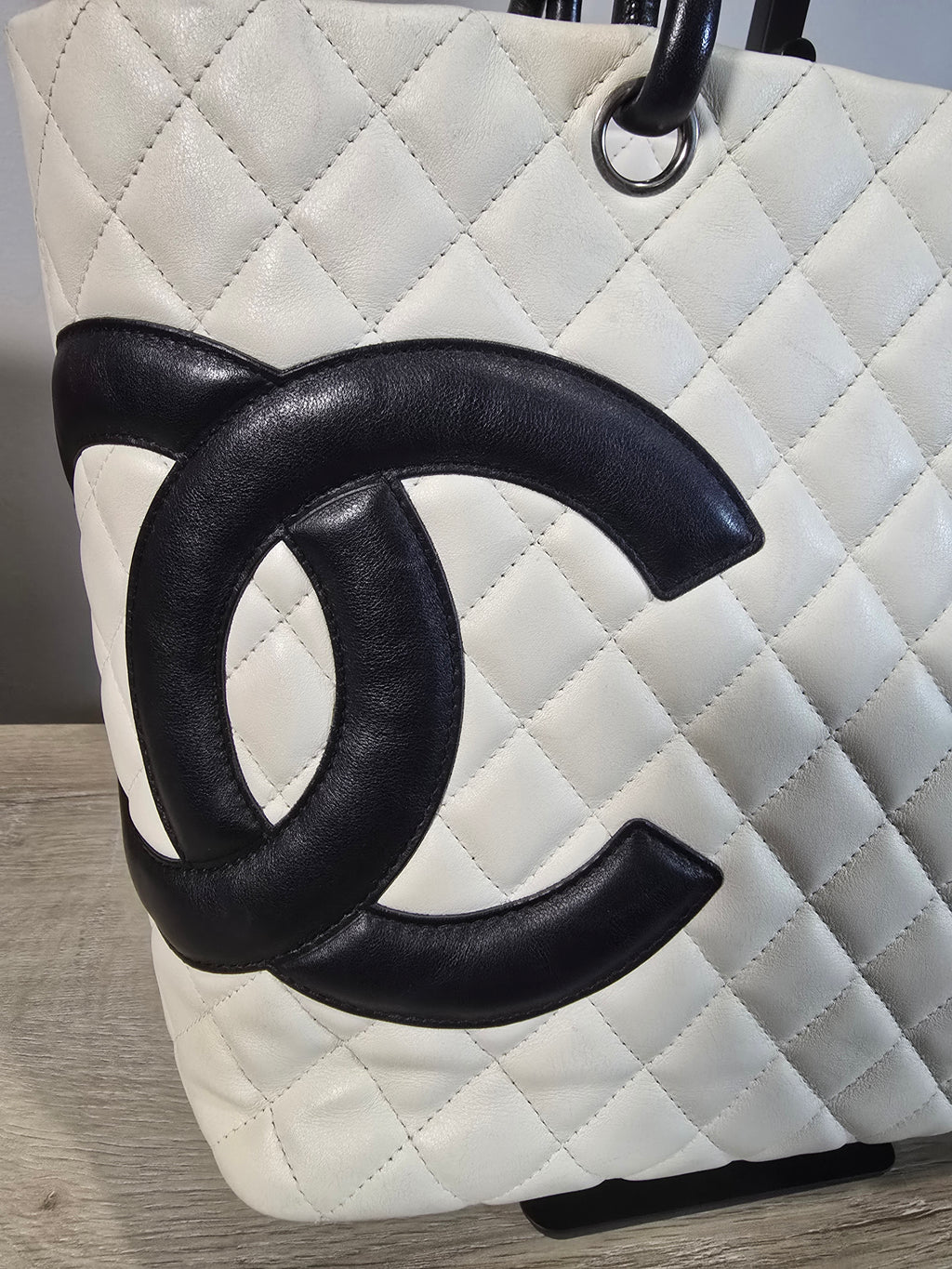 Chanel White Quilted Lambskin Tote Black CC Silver Hardware Hot Pink Interior