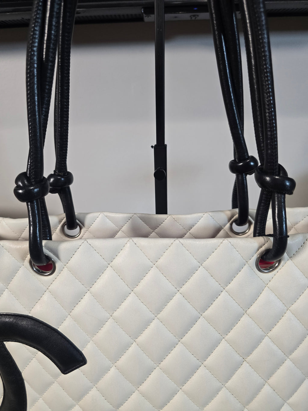 Chanel White Quilted Lambskin Tote Black CC Silver Hardware Hot Pink Interior