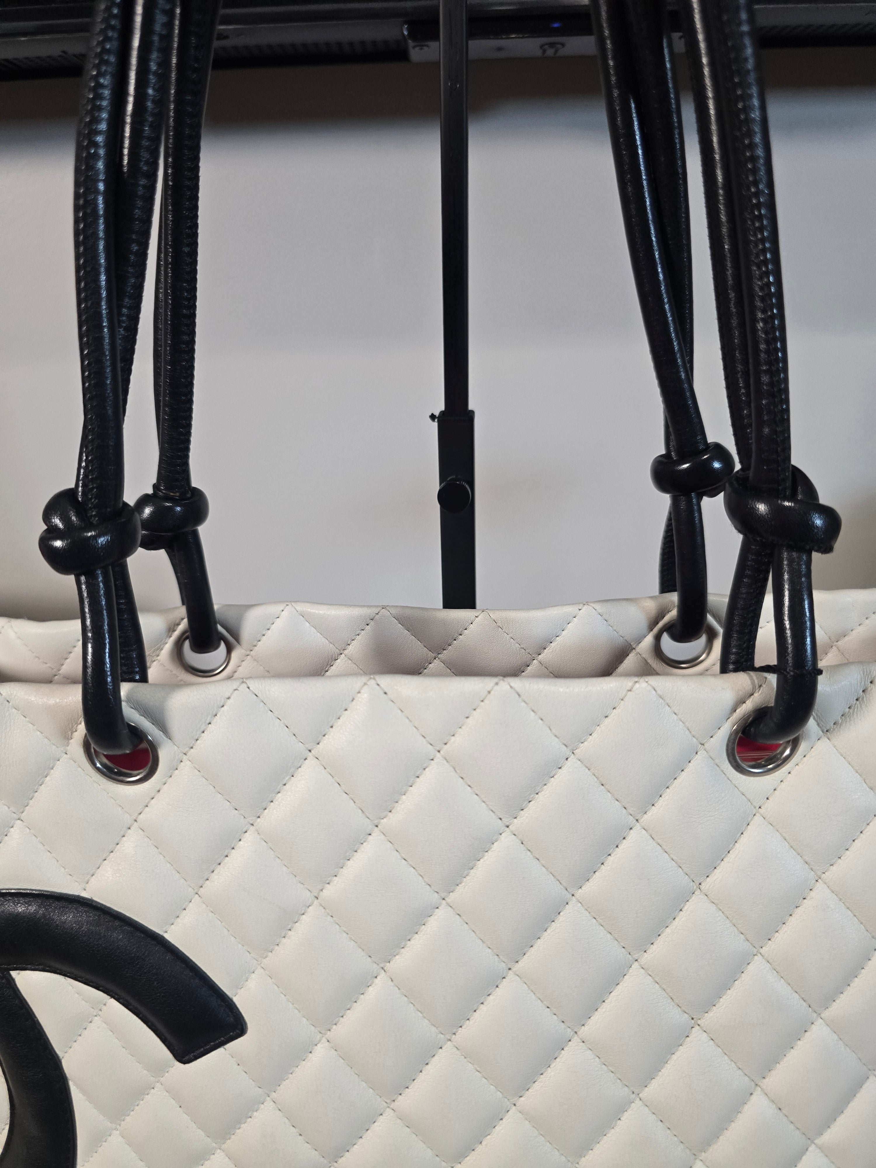 Chanel White Quilted Lambskin Tote Black CC Silver Hardware Hot Pink Interior