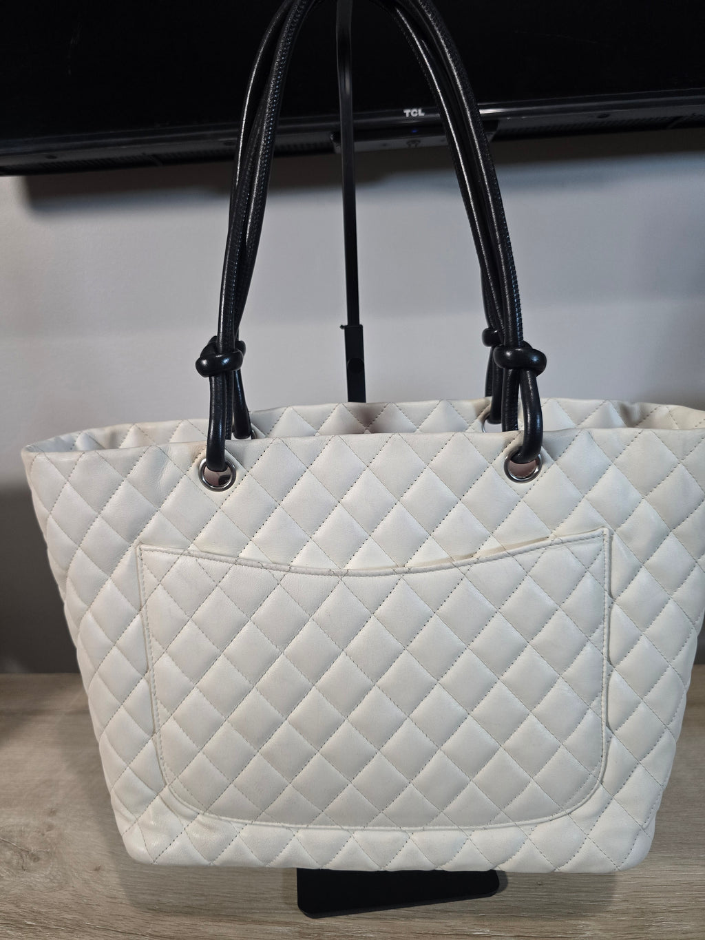 Chanel White Quilted Lambskin Tote Black CC Silver Hardware Hot Pink Interior