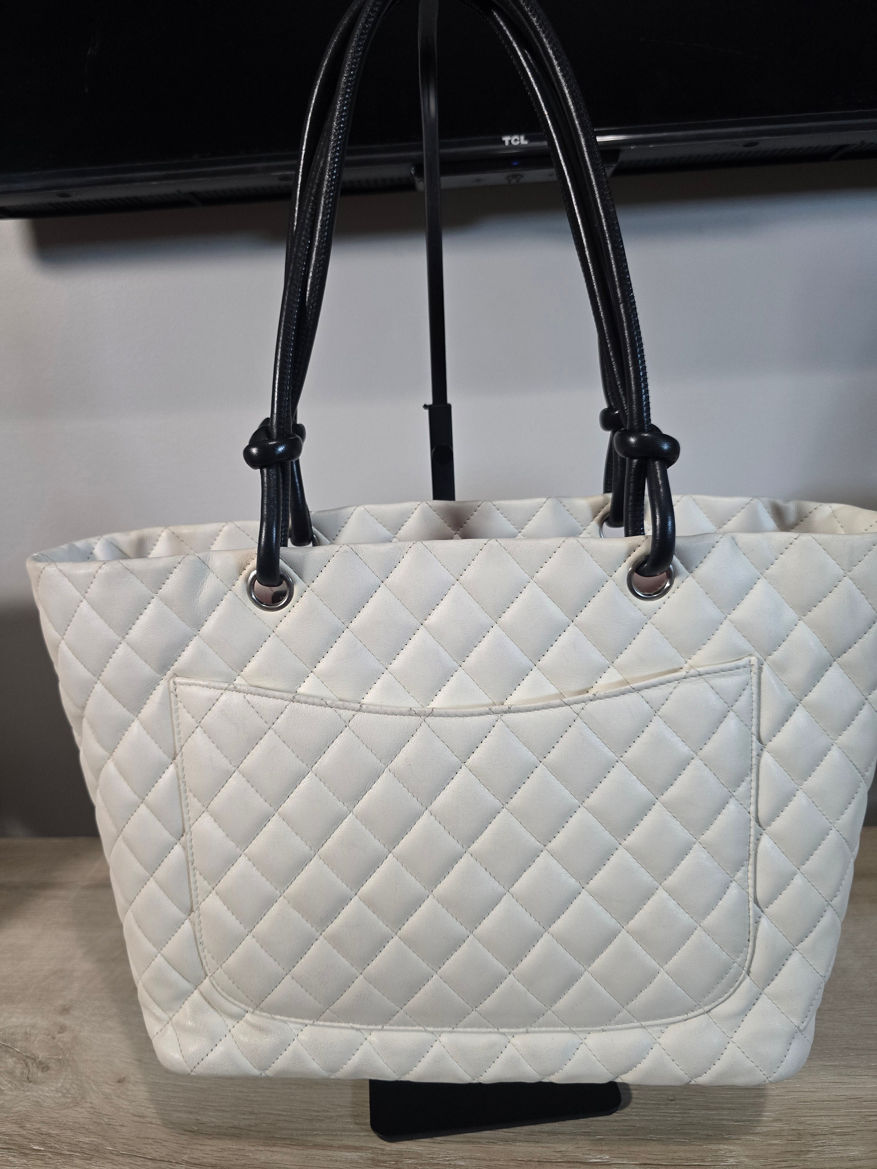 Chanel White Quilted Lambskin Tote Black CC Silver Hardware Hot Pink Interior
