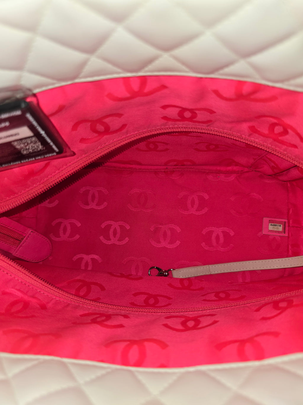 Chanel White Quilted Lambskin Tote Black CC Silver Hardware Hot Pink Interior