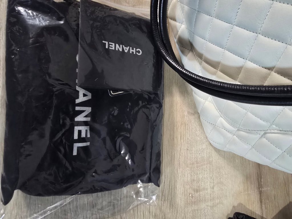 Chanel White Quilted Lambskin Tote Black CC Silver Hardware Hot Pink Interior