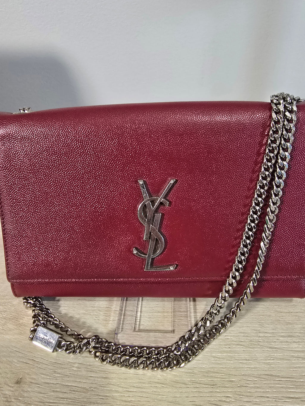 Saint Laurent Medium Leather Monogram Kate Crossbody Dark Red Silver Hardware