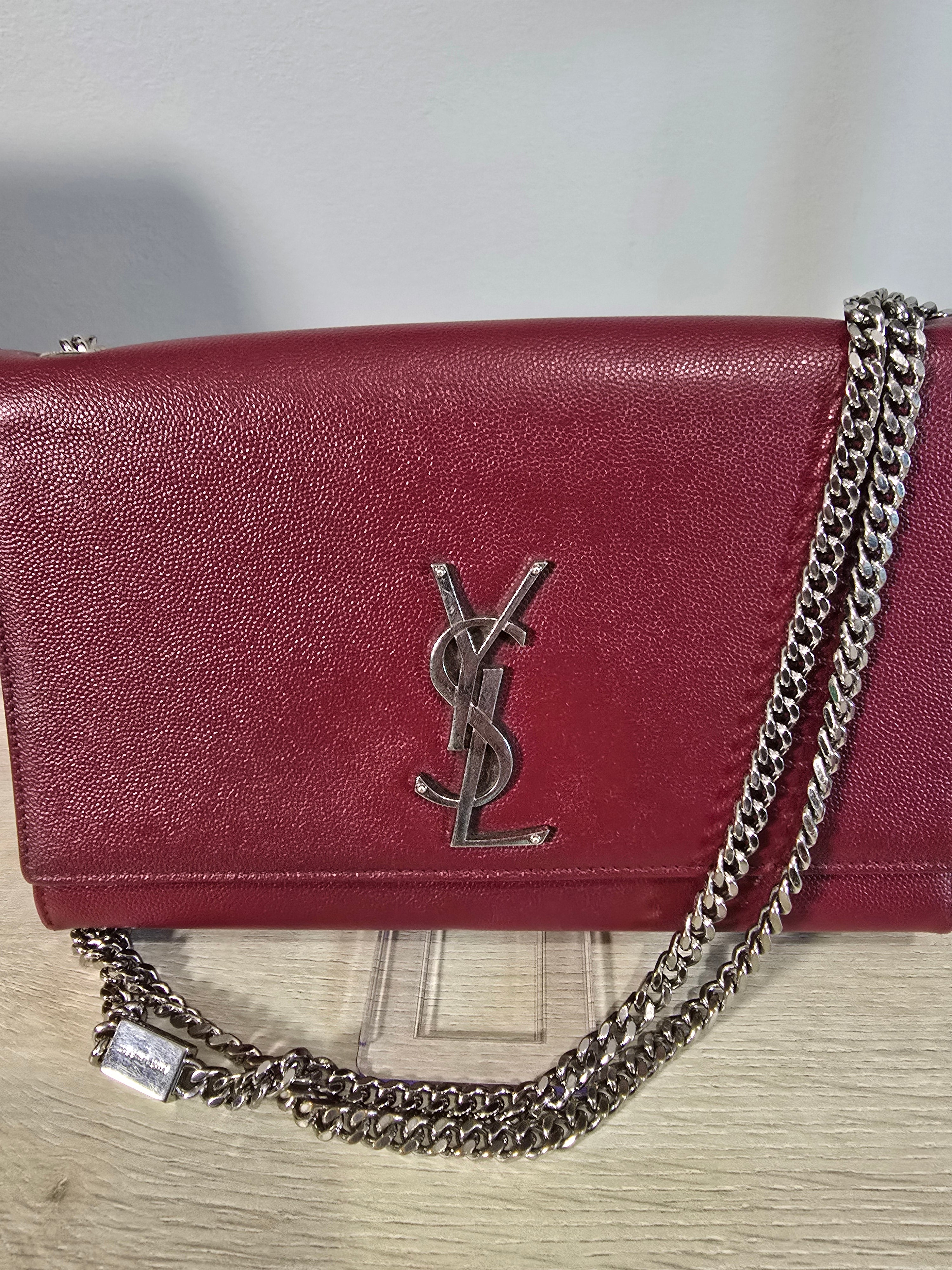 Saint Laurent Medium Leather Monogram Kate Crossbody Dark Red Silver Hardware