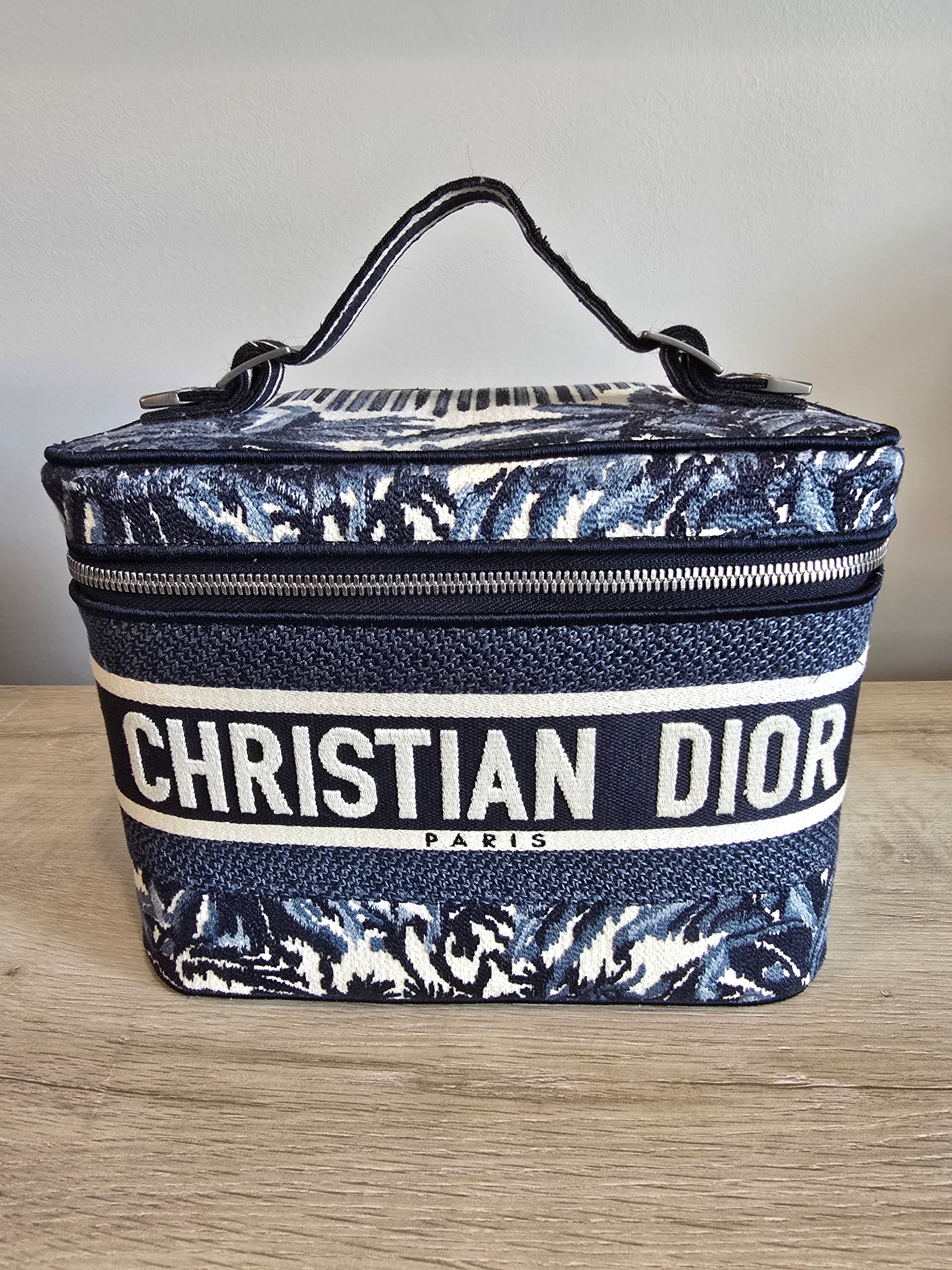Christian Dior Travel Vanity Case Blue Oblique Embroidery Silver Hardware