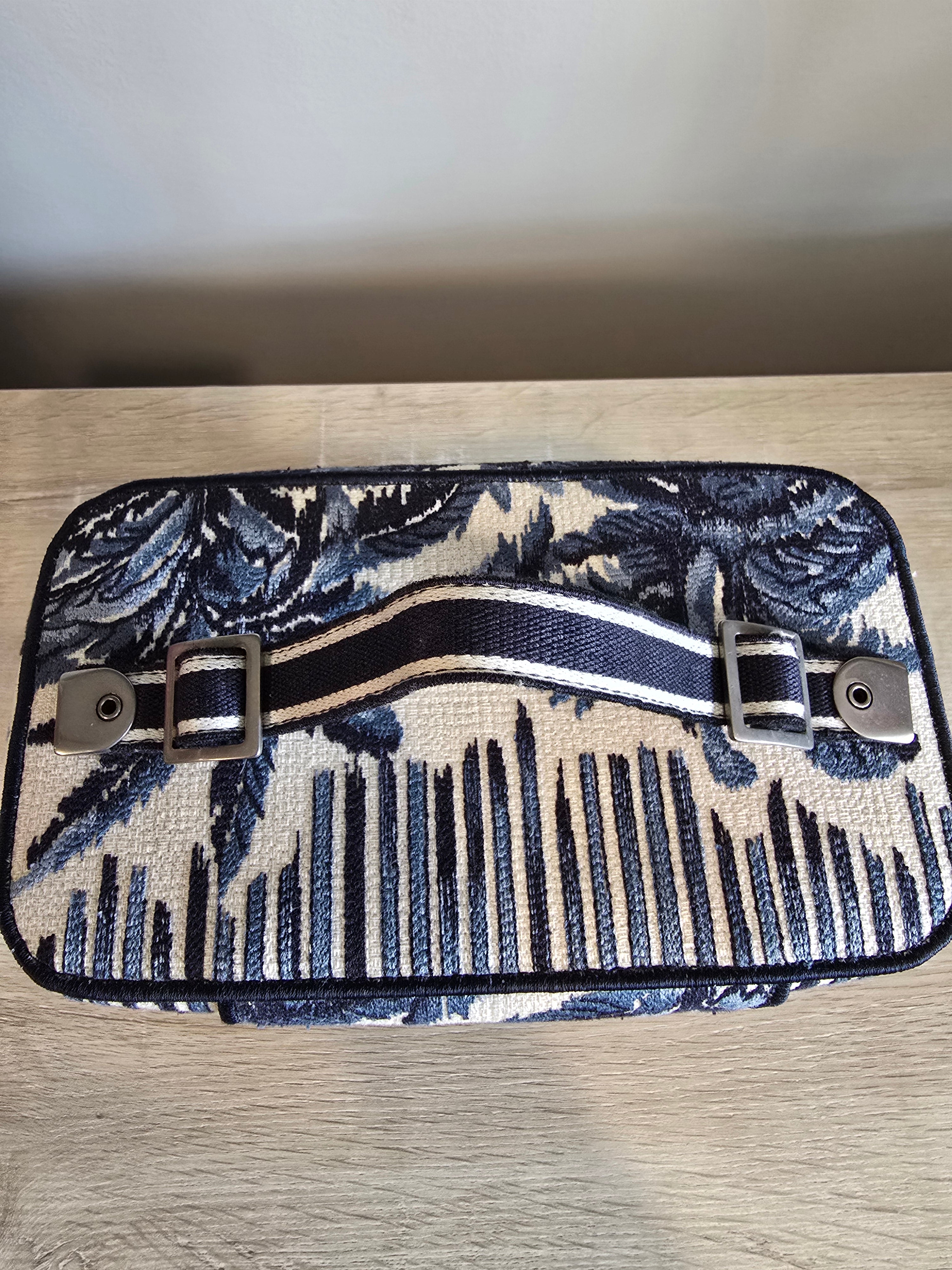 Christian Dior Travel Vanity Case Blue Oblique Embroidery Silver Hardware