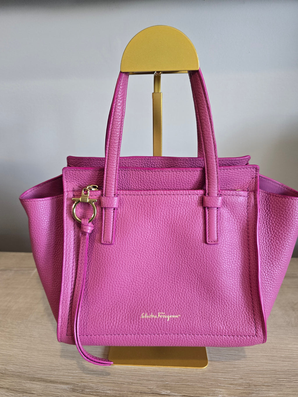 Salvatore Ferragamo Amy Tote Magenta Textured Leather Gold Hardware Gancini Charm