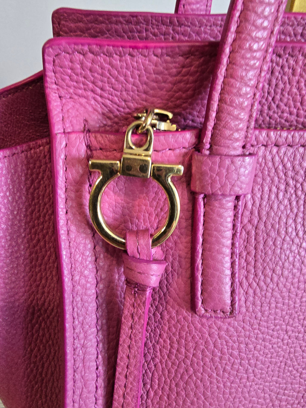 Salvatore Ferragamo Amy Tote Magenta Textured Leather Gold Hardware Gancini Charm