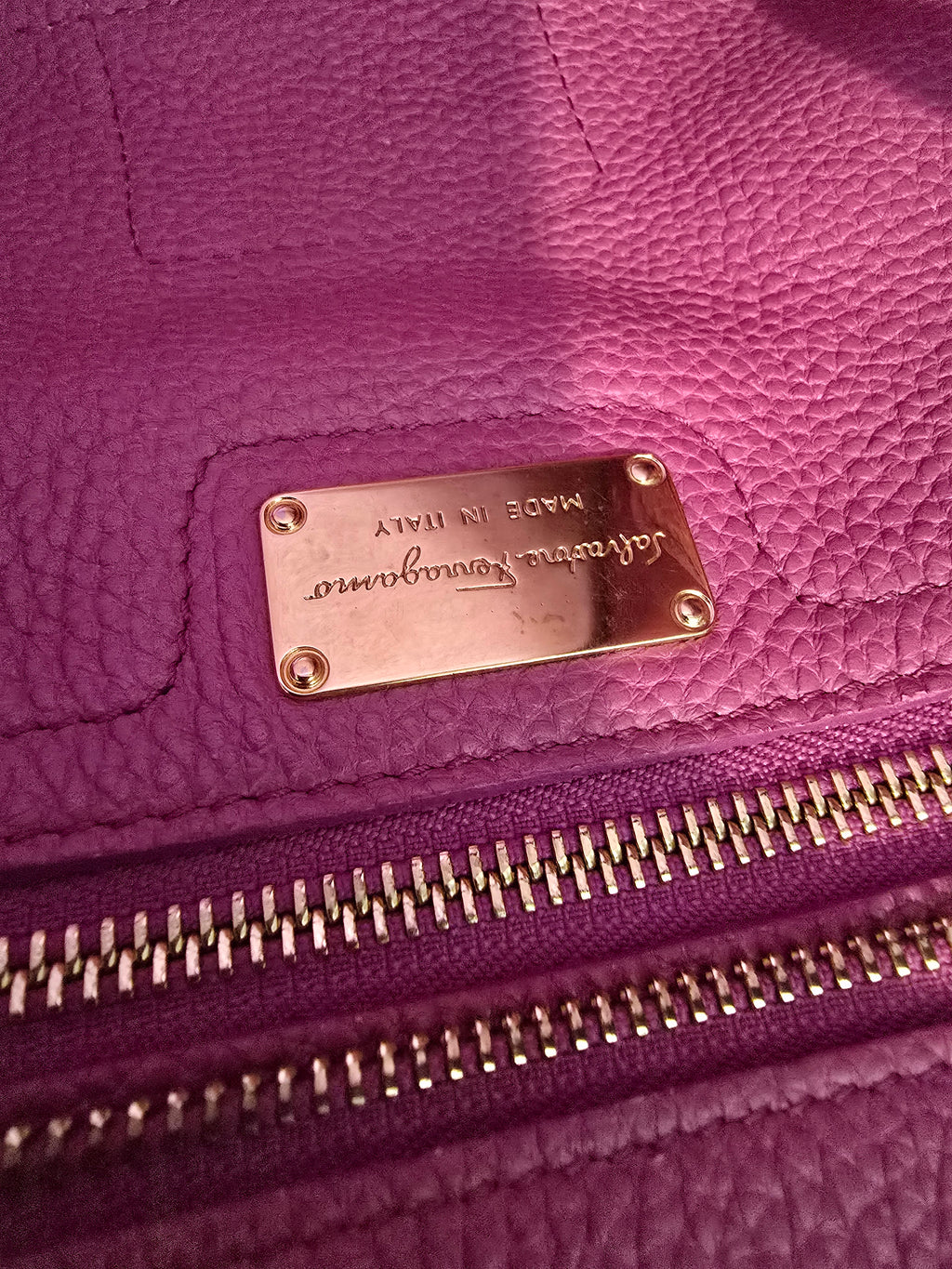 Salvatore Ferragamo Amy Tote Magenta Textured Leather Gold Hardware Gancini Charm