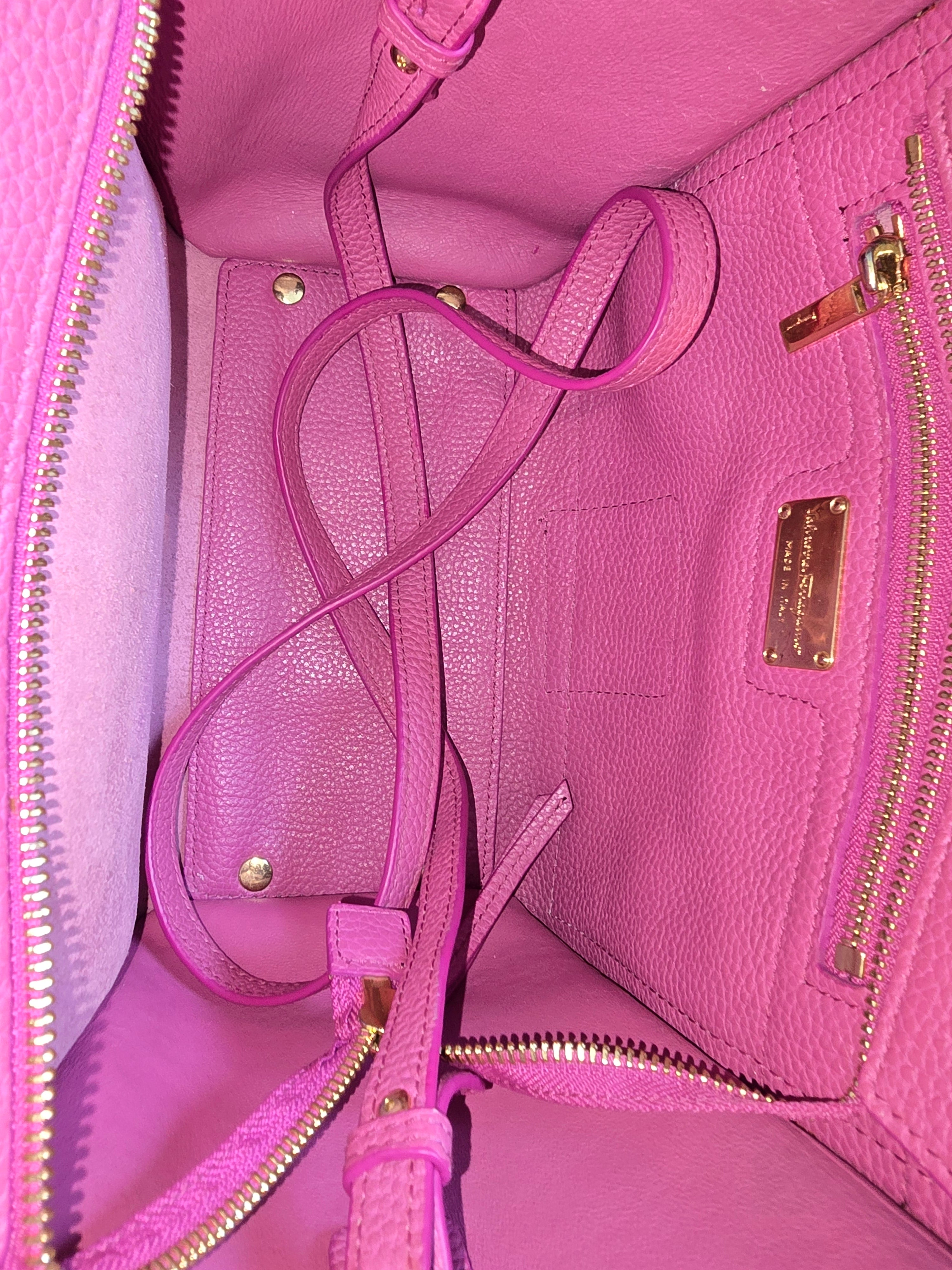 Salvatore Ferragamo Amy Tote Magenta Textured Leather Gold Hardware Gancini Charm