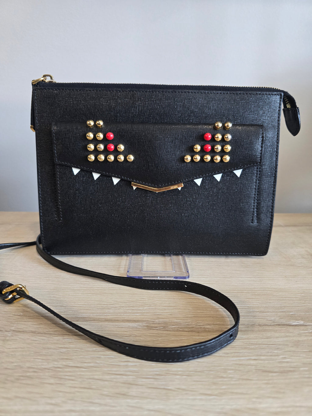 Fendi Monster Crossbody Bag Black Leather Gold Eyes Studs