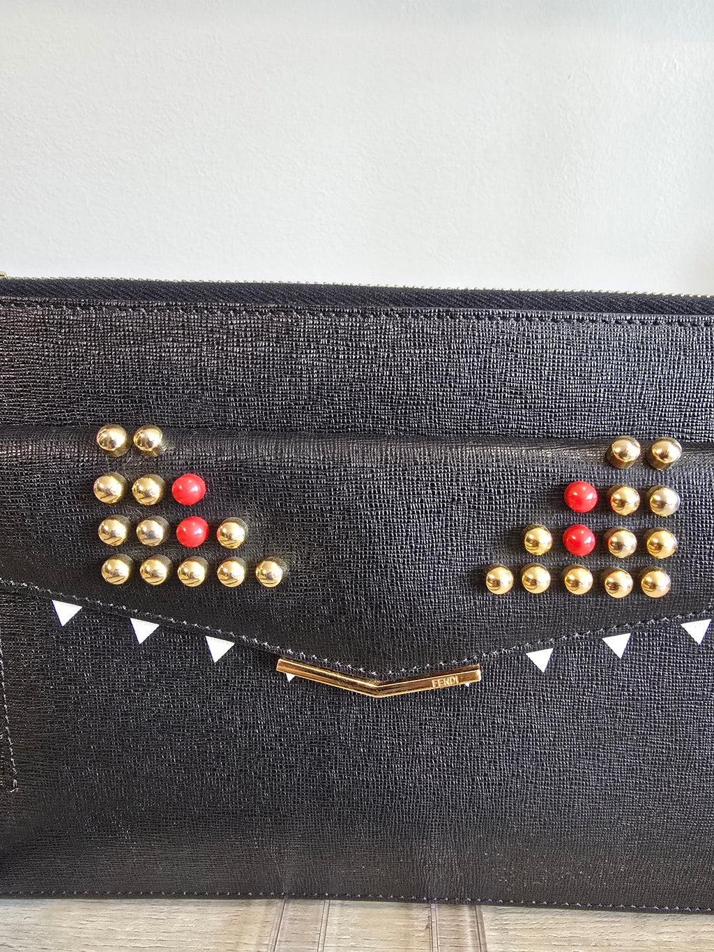 Fendi Monster Crossbody Bag Black Leather Gold Eyes Studs