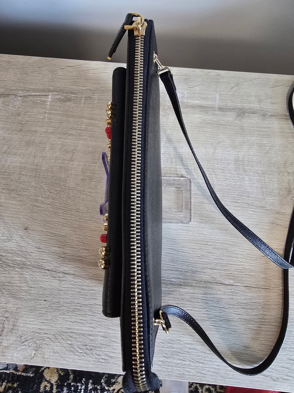 Fendi Monster Crossbody Bag Black Leather Gold Eyes Studs