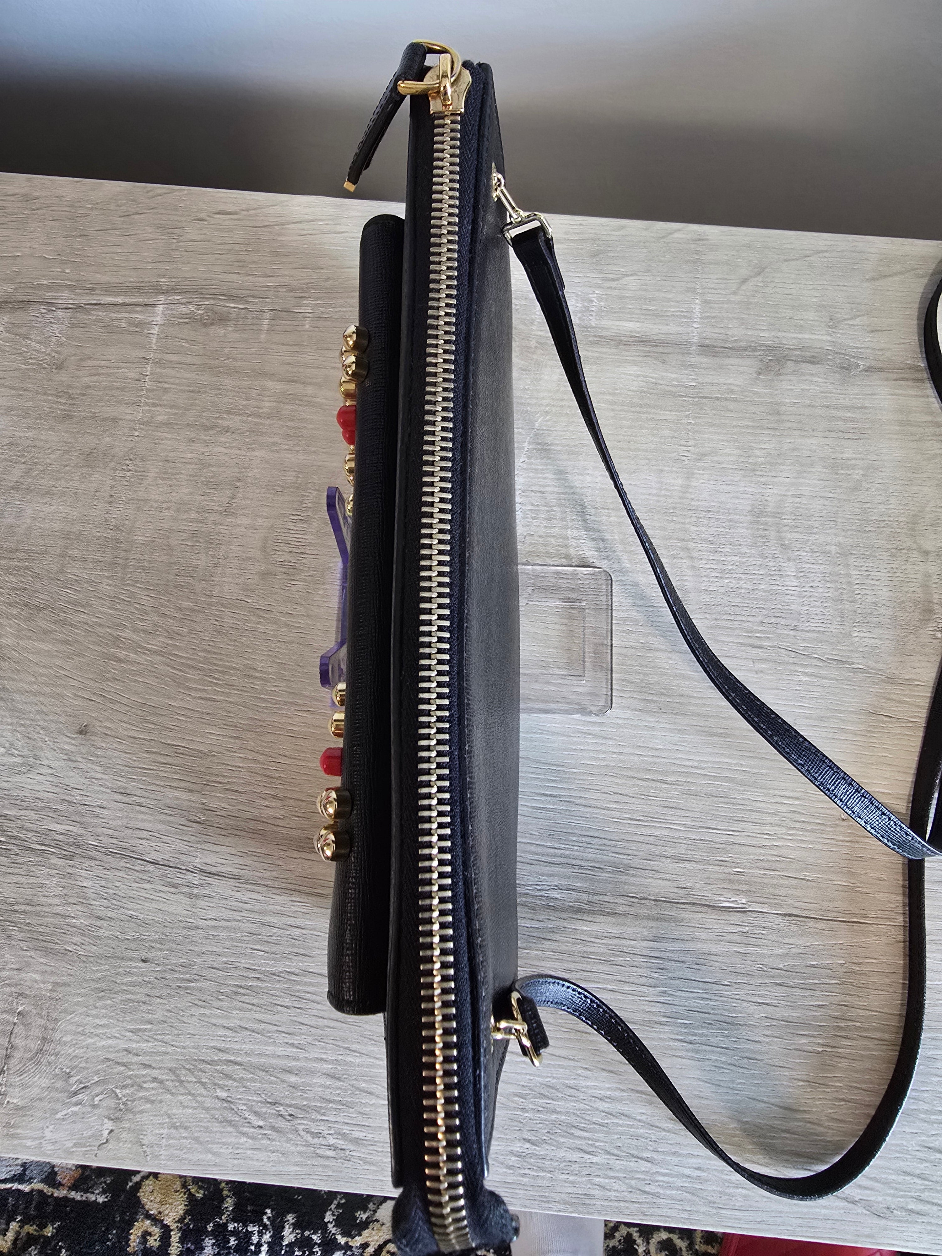 Fendi Monster Crossbody Bag Black Leather Gold Eyes Studs