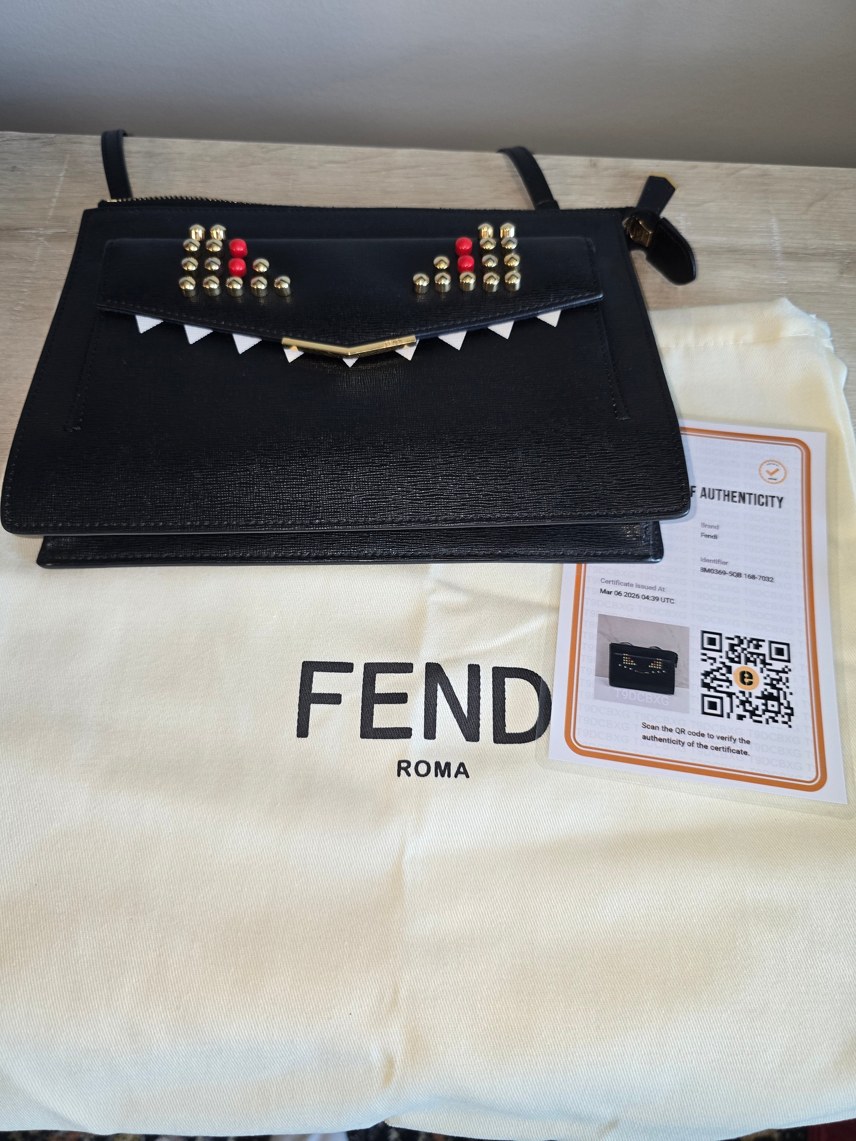 Fendi Monster Crossbody Bag Black Leather Gold Eyes Studs