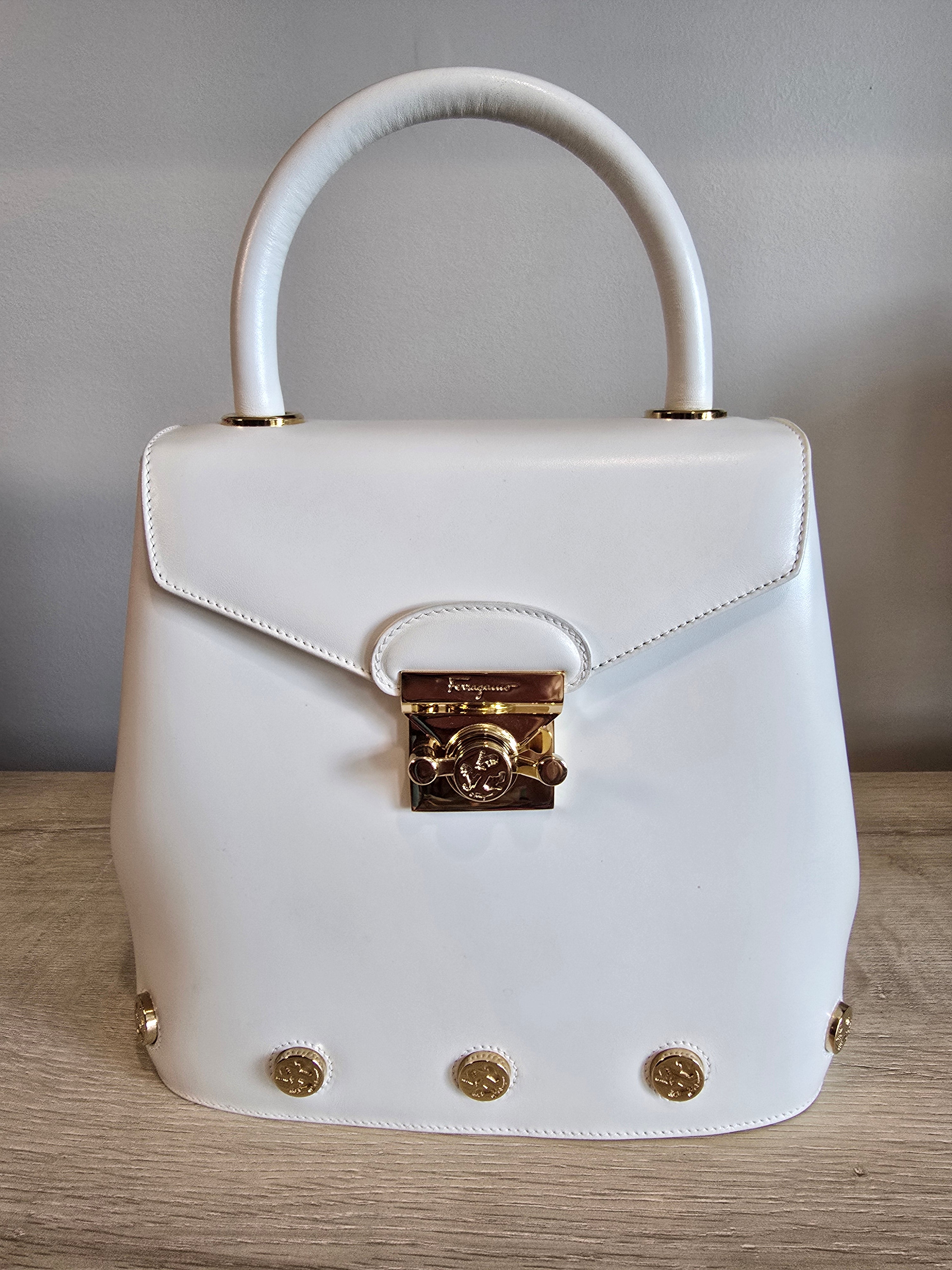 Salvatore Ferragamo Studded 2-Way Handbag White Leather Gold Studs