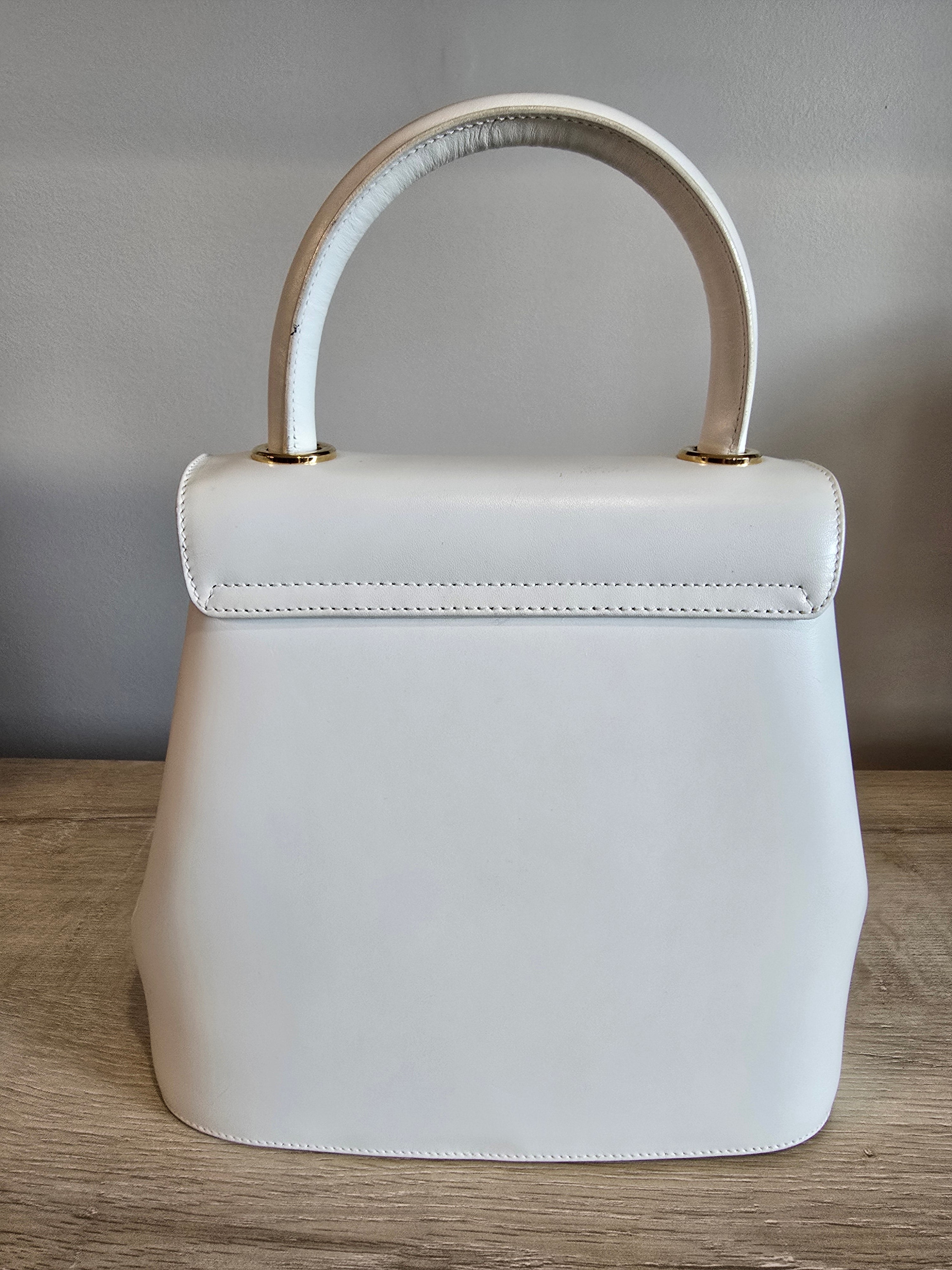 Salvatore Ferragamo Studded 2-Way Handbag White Leather Gold Studs