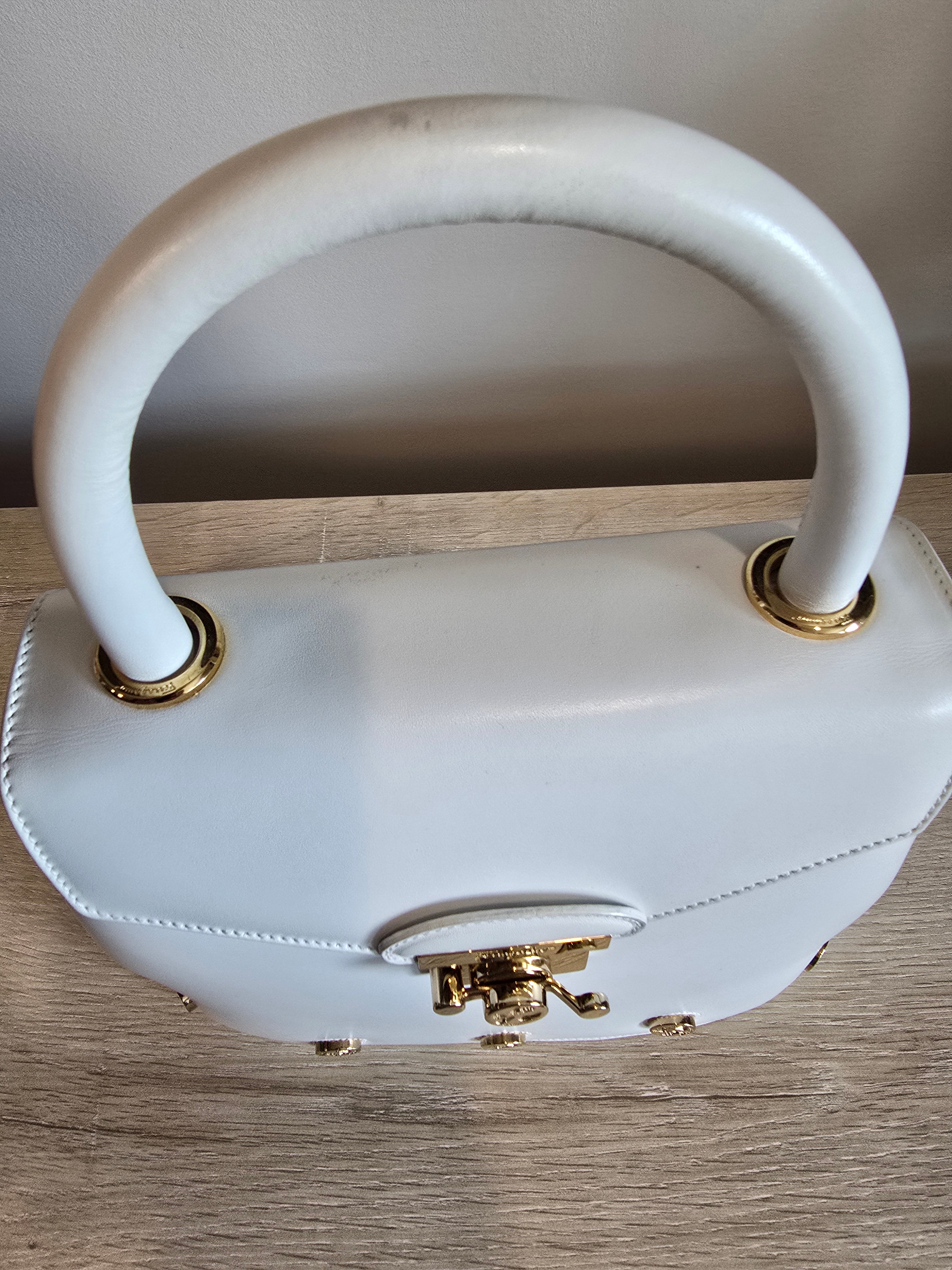Salvatore Ferragamo Studded 2-Way Handbag White Leather Gold Studs
