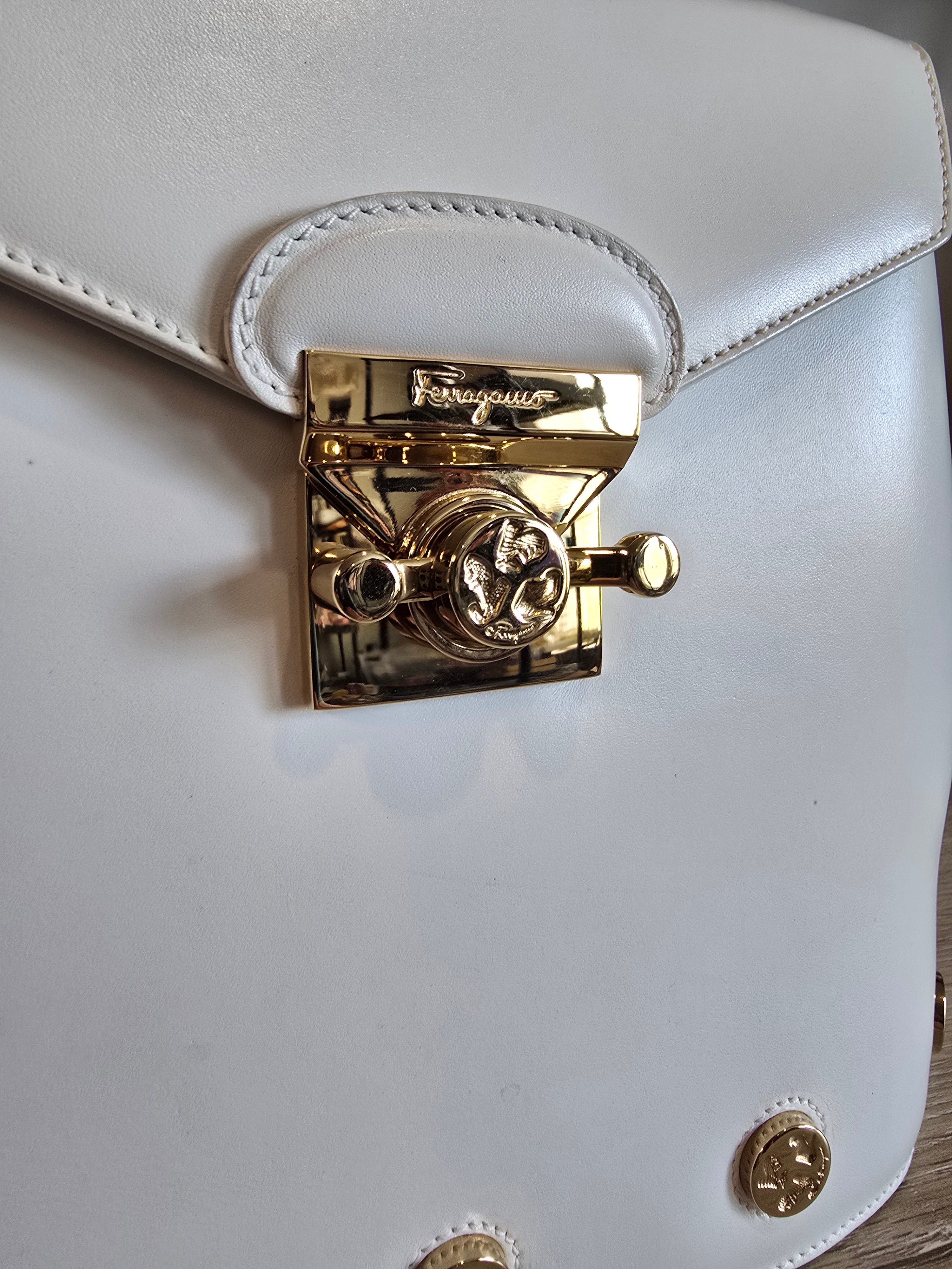 Salvatore Ferragamo Studded 2-Way Handbag White Leather Gold Studs