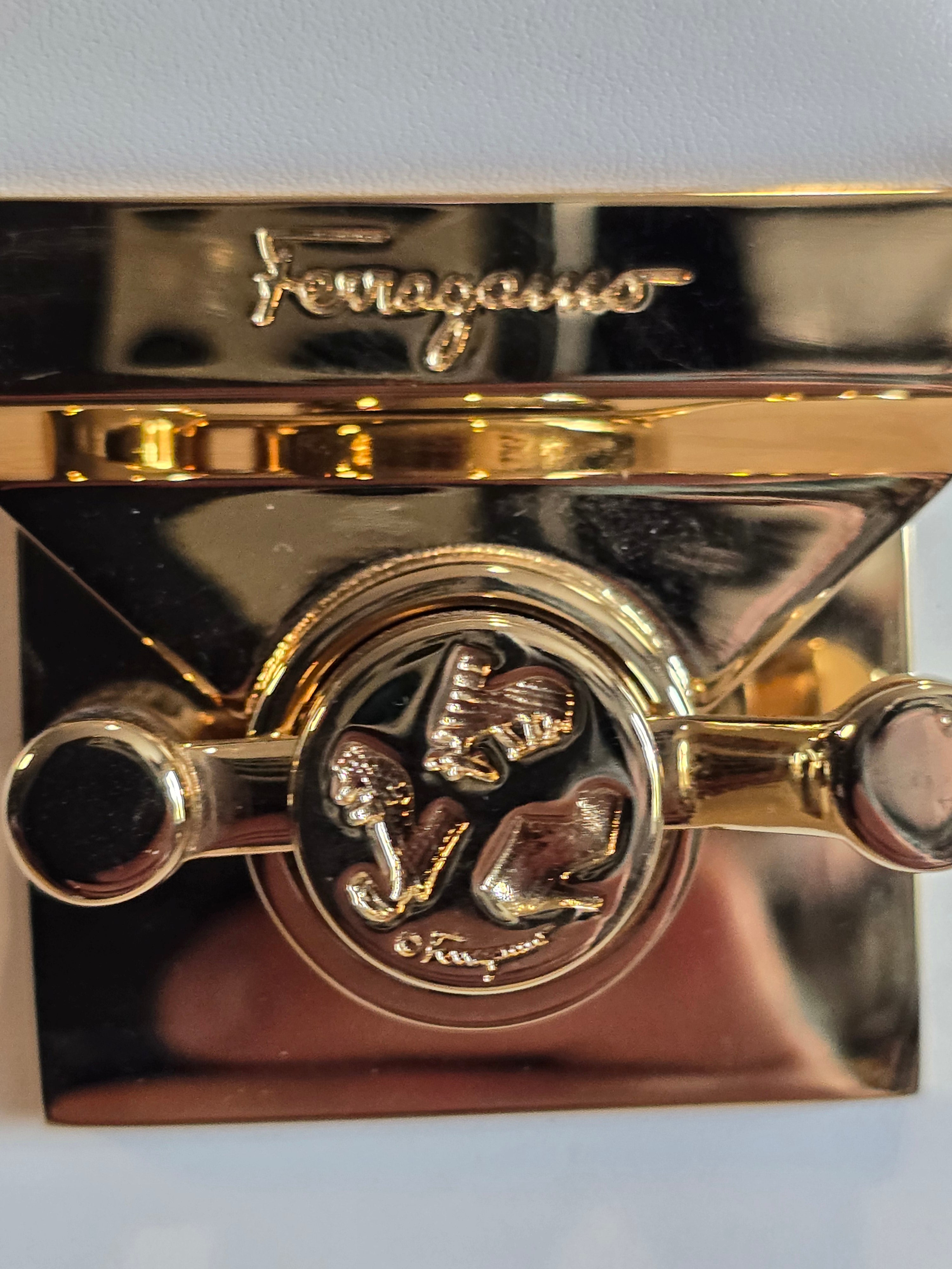 Salvatore Ferragamo Studded 2-Way Handbag White Leather Gold Studs