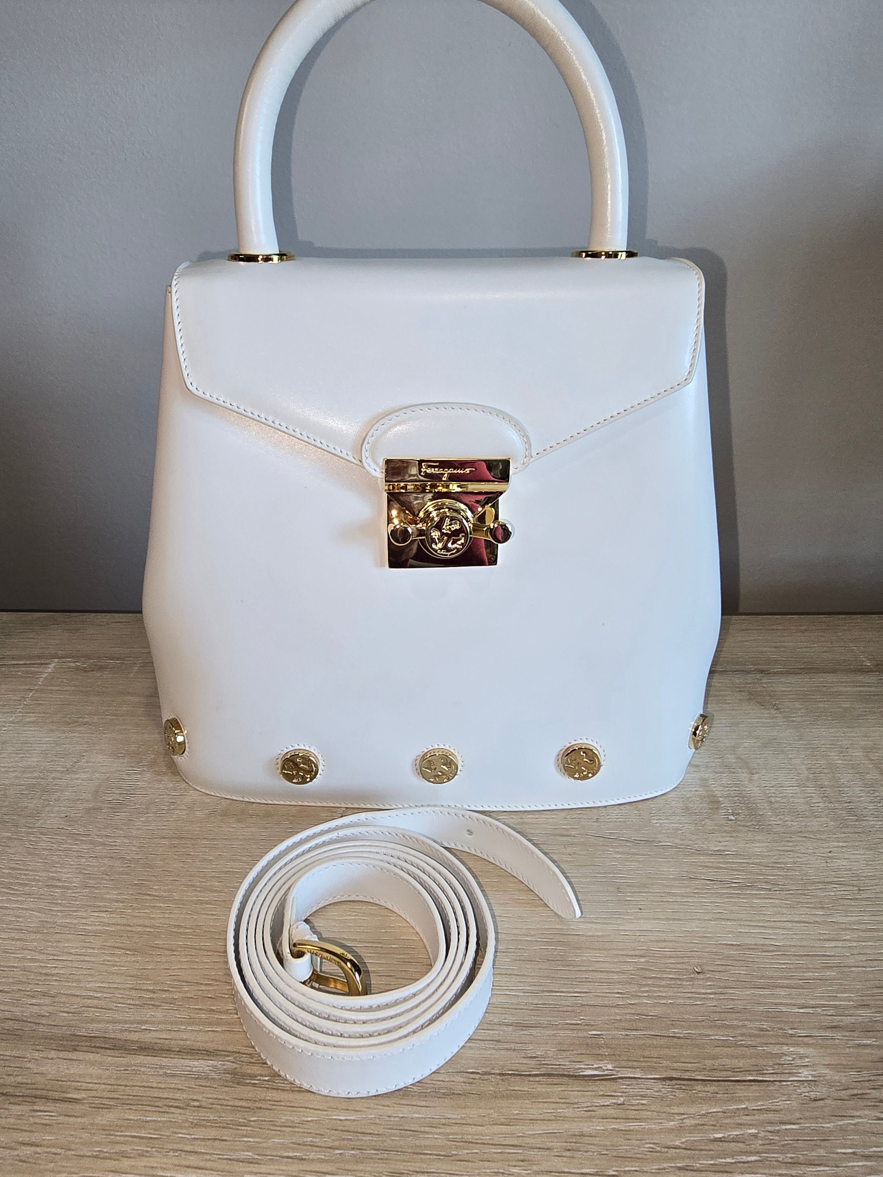 Salvatore Ferragamo Studded 2-Way Handbag White Leather Gold Studs