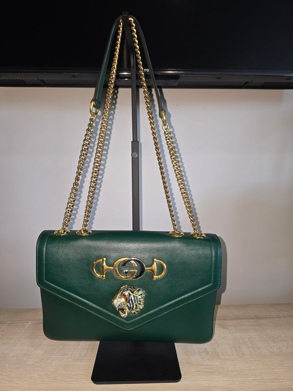 Gucci Medium Leather Rajah Crossbody Bag Green Gold Hardware