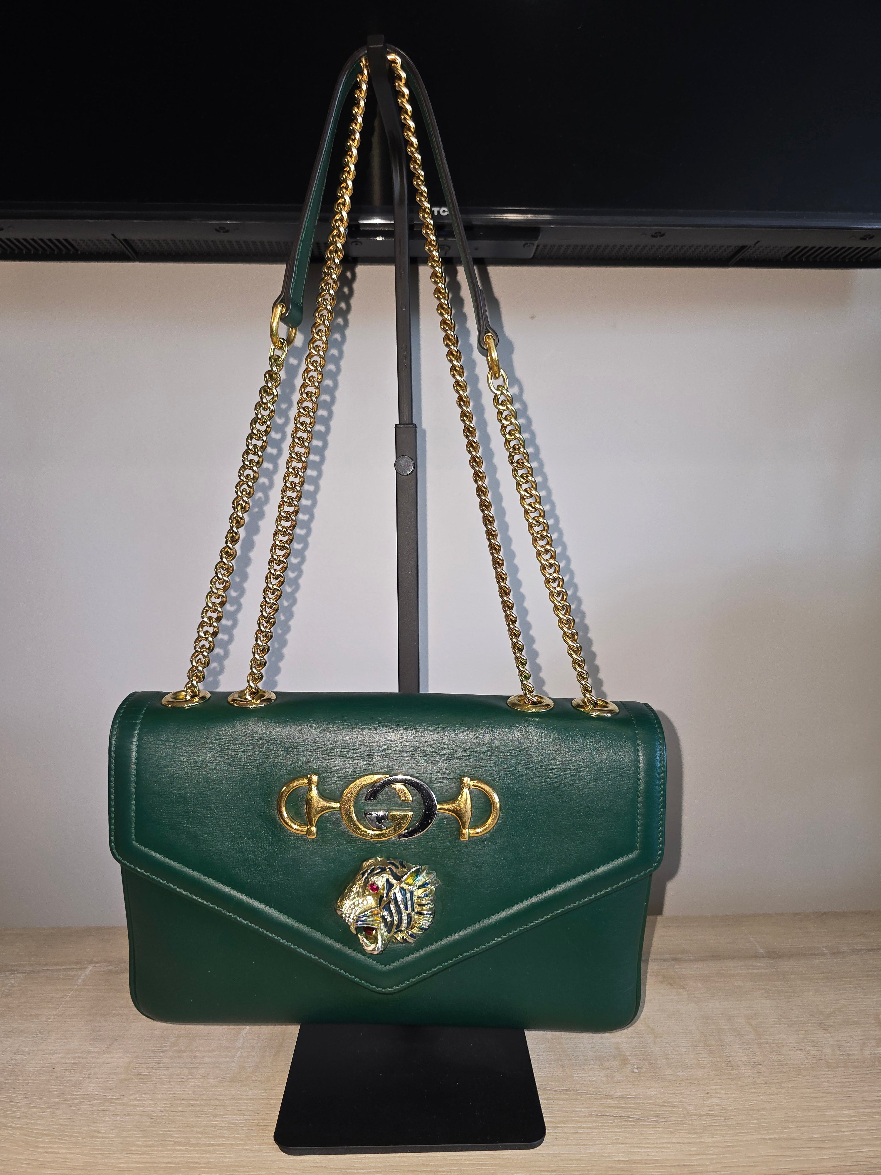 Gucci Medium Leather Rajah Crossbody Bag Green Gold Hardware