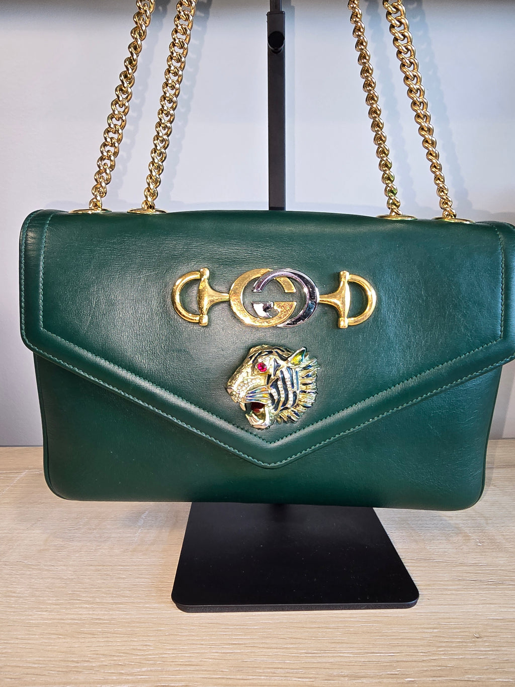 Gucci Medium Leather Rajah Crossbody Bag Green Gold Hardware