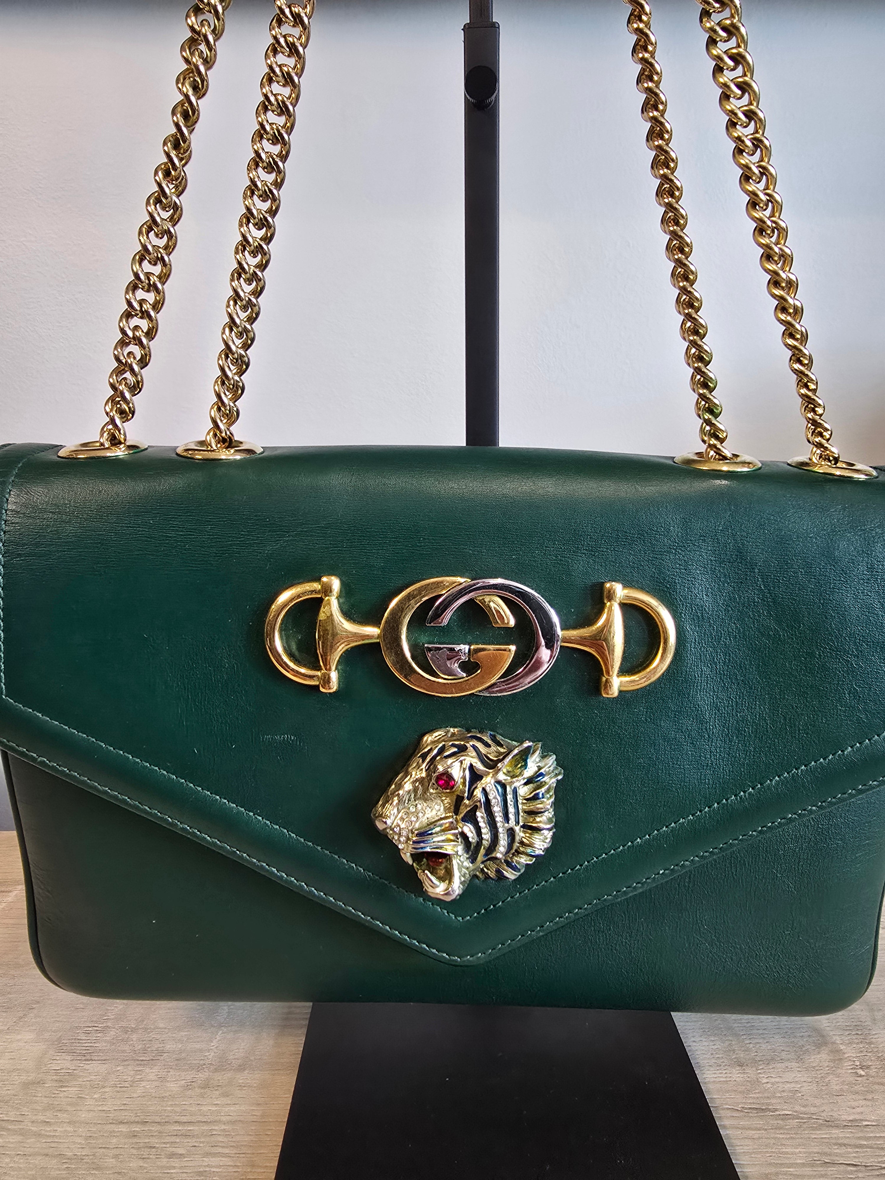 Gucci Medium Leather Rajah Crossbody Bag Green Gold Hardware