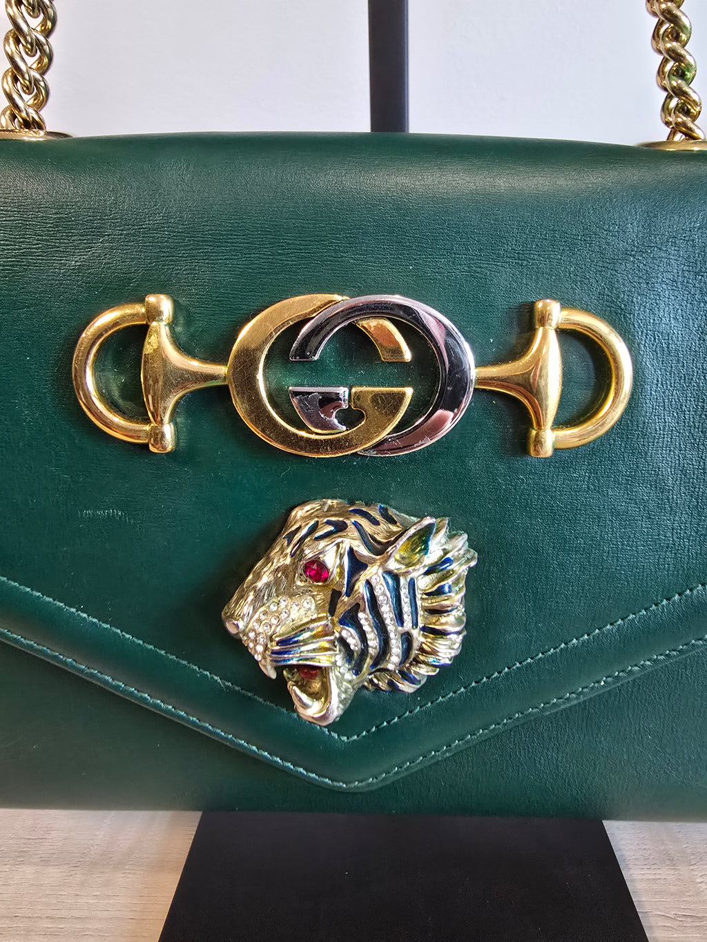 Gucci Medium Leather Rajah Crossbody Bag Green Gold Hardware