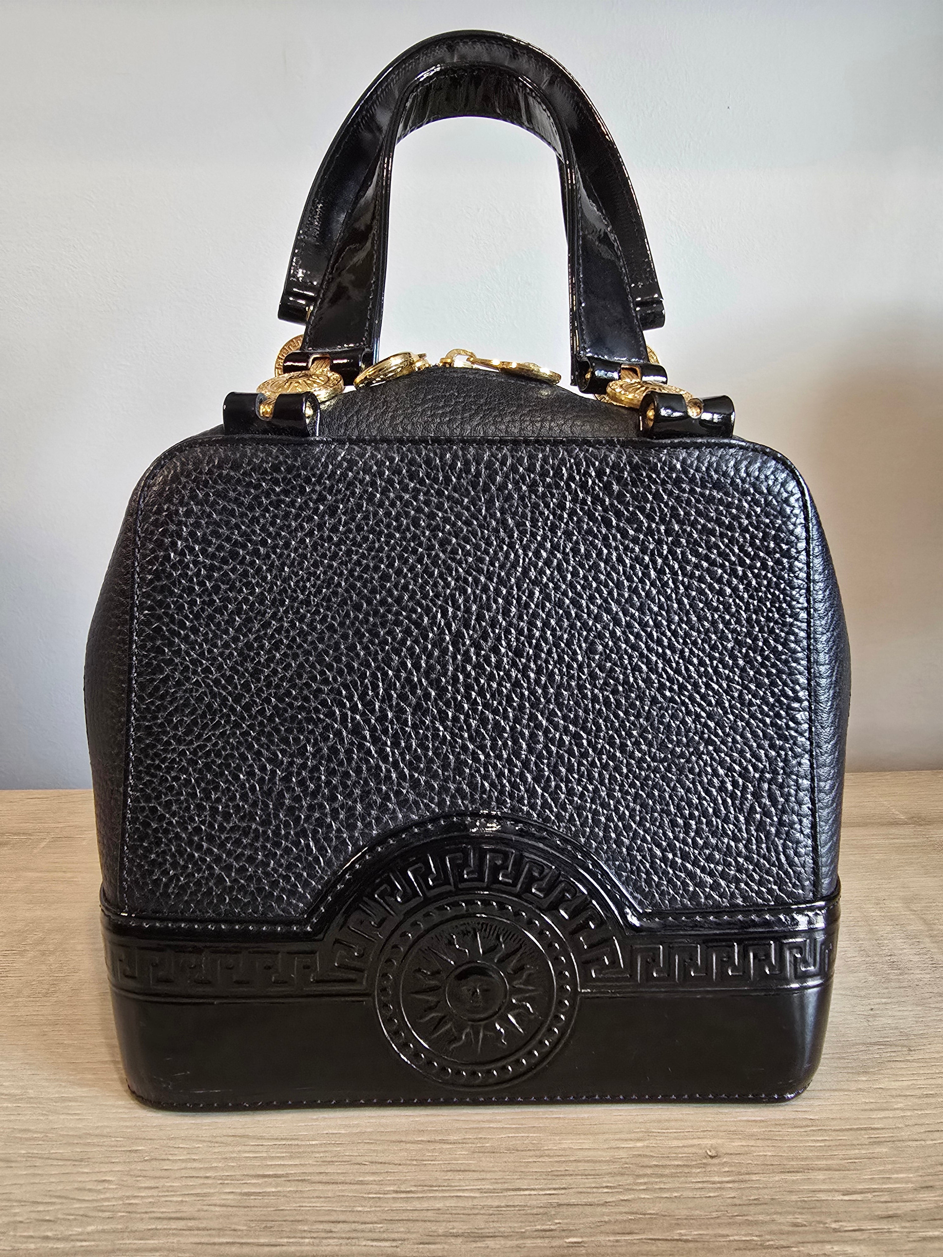 Versace Vintage Black Textured Leather Mini Top Handle Bag Sunburst Greek Key Gold Hardware