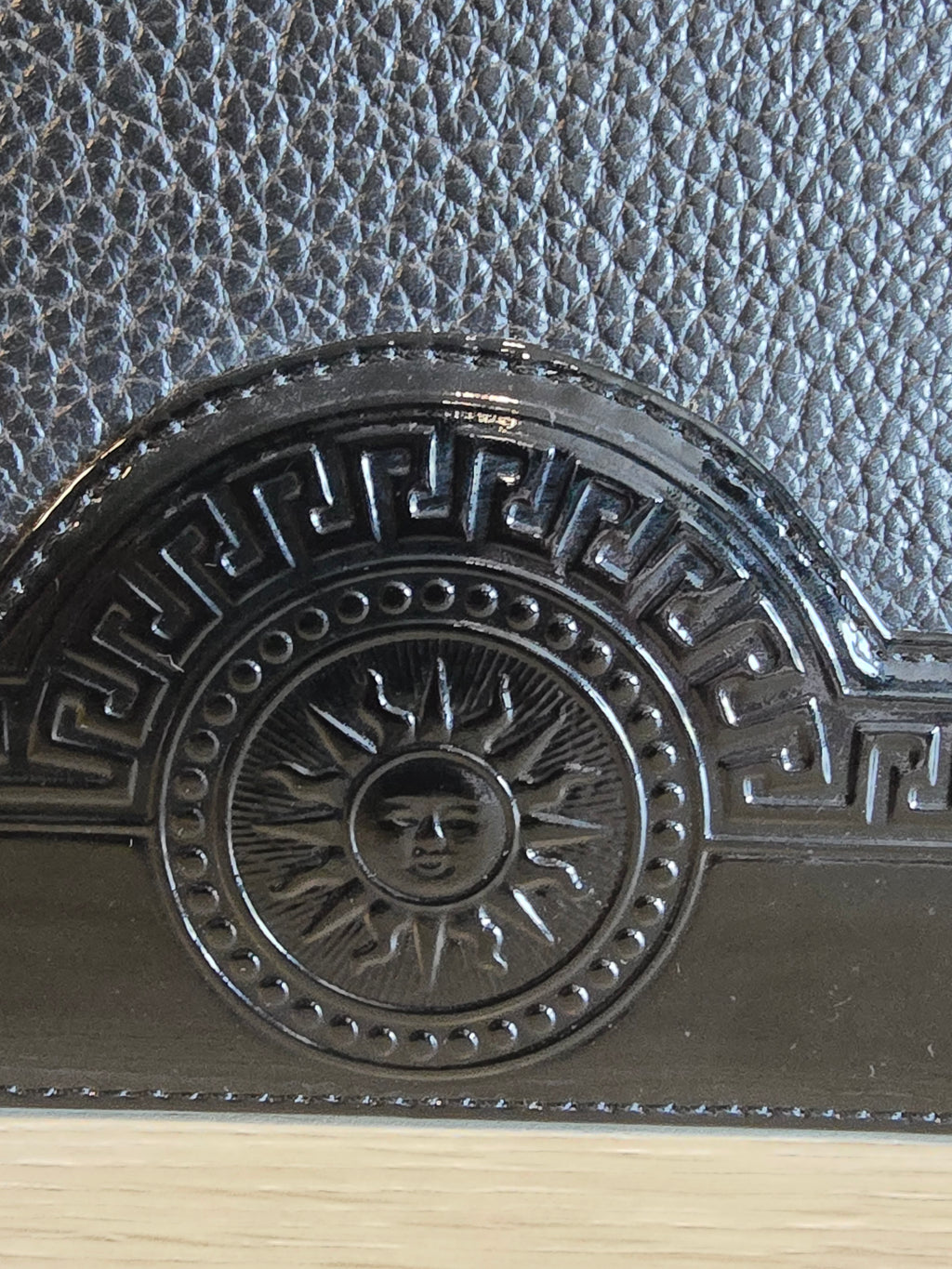 Versace Vintage Black Textured Leather Mini Top Handle Bag Sunburst Greek Key Gold Hardware