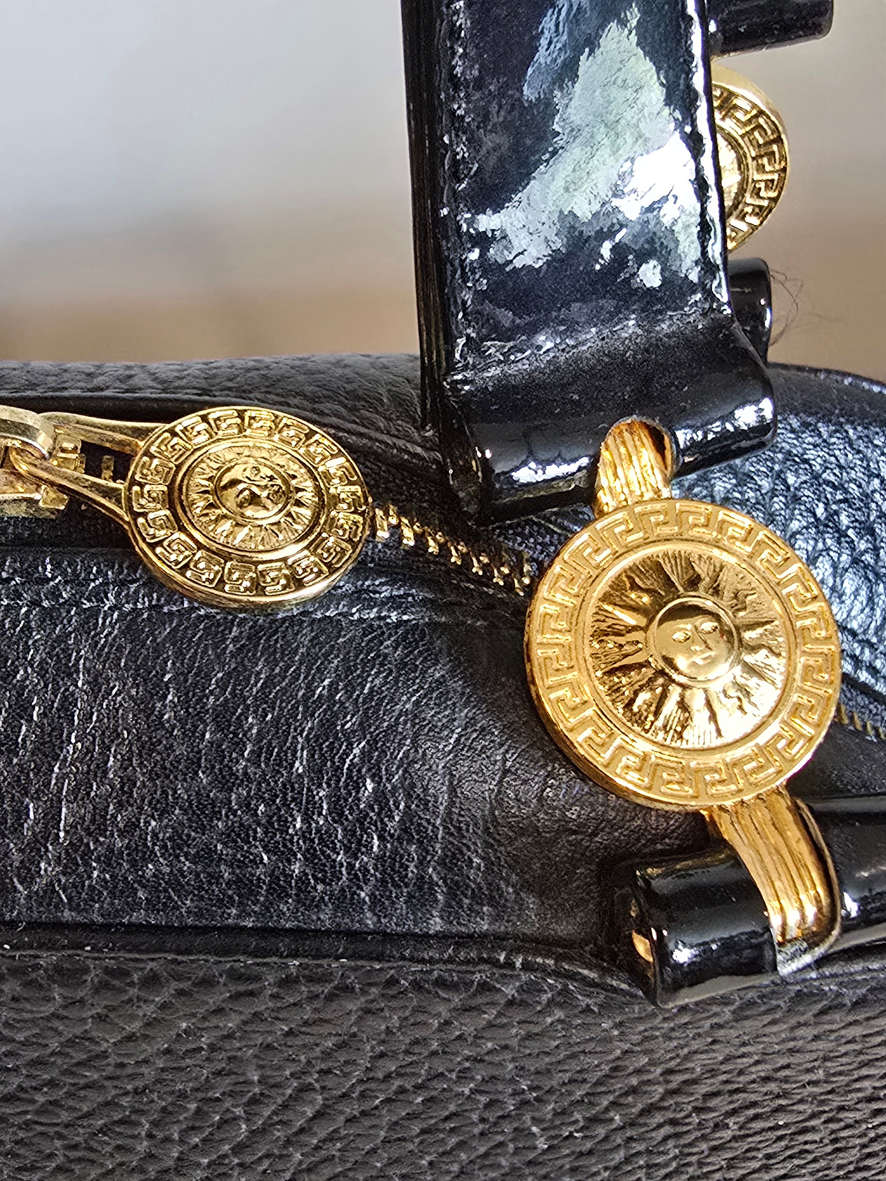 Versace Vintage Black Textured Leather Mini Top Handle Bag Sunburst Greek Key Gold Hardware