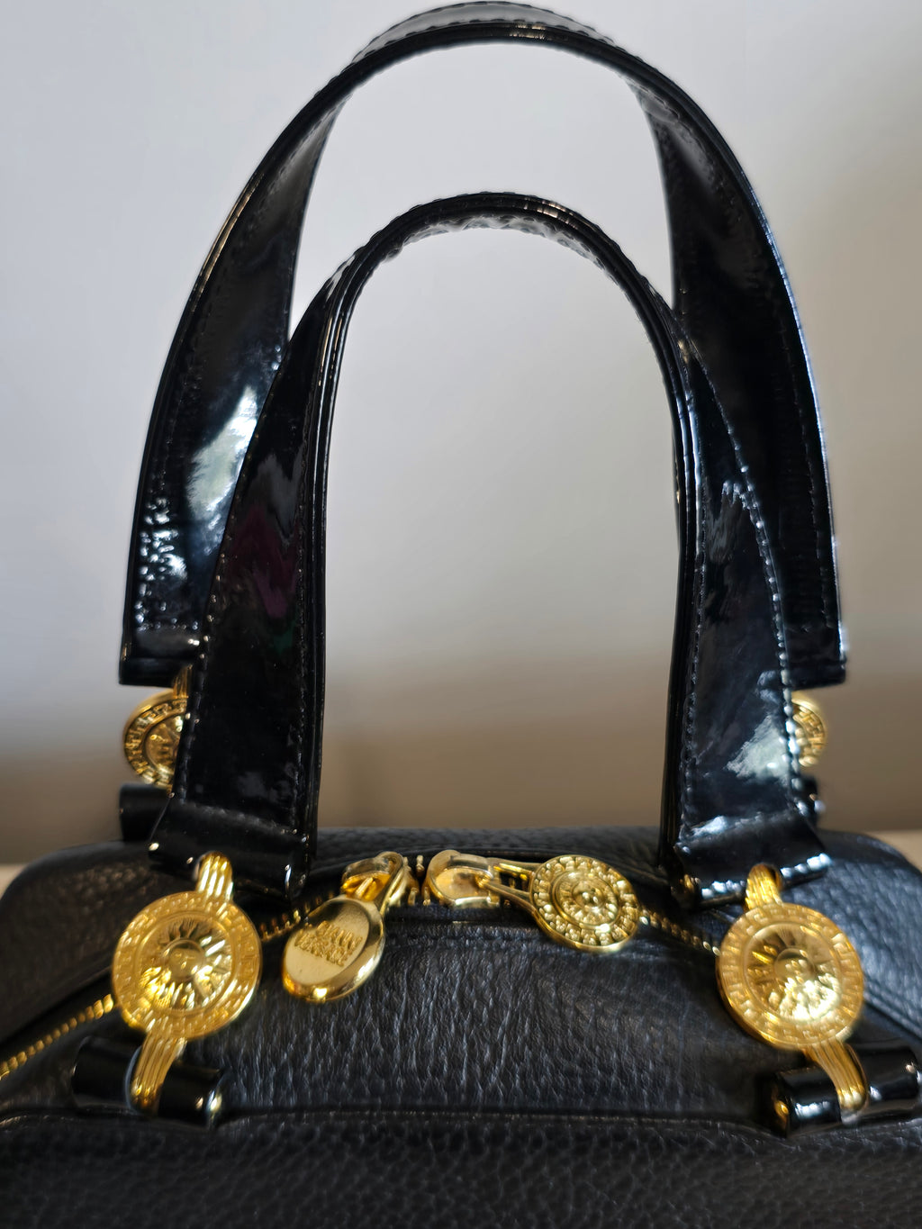 Versace Vintage Black Textured Leather Mini Top Handle Bag Sunburst Greek Key Gold Hardware