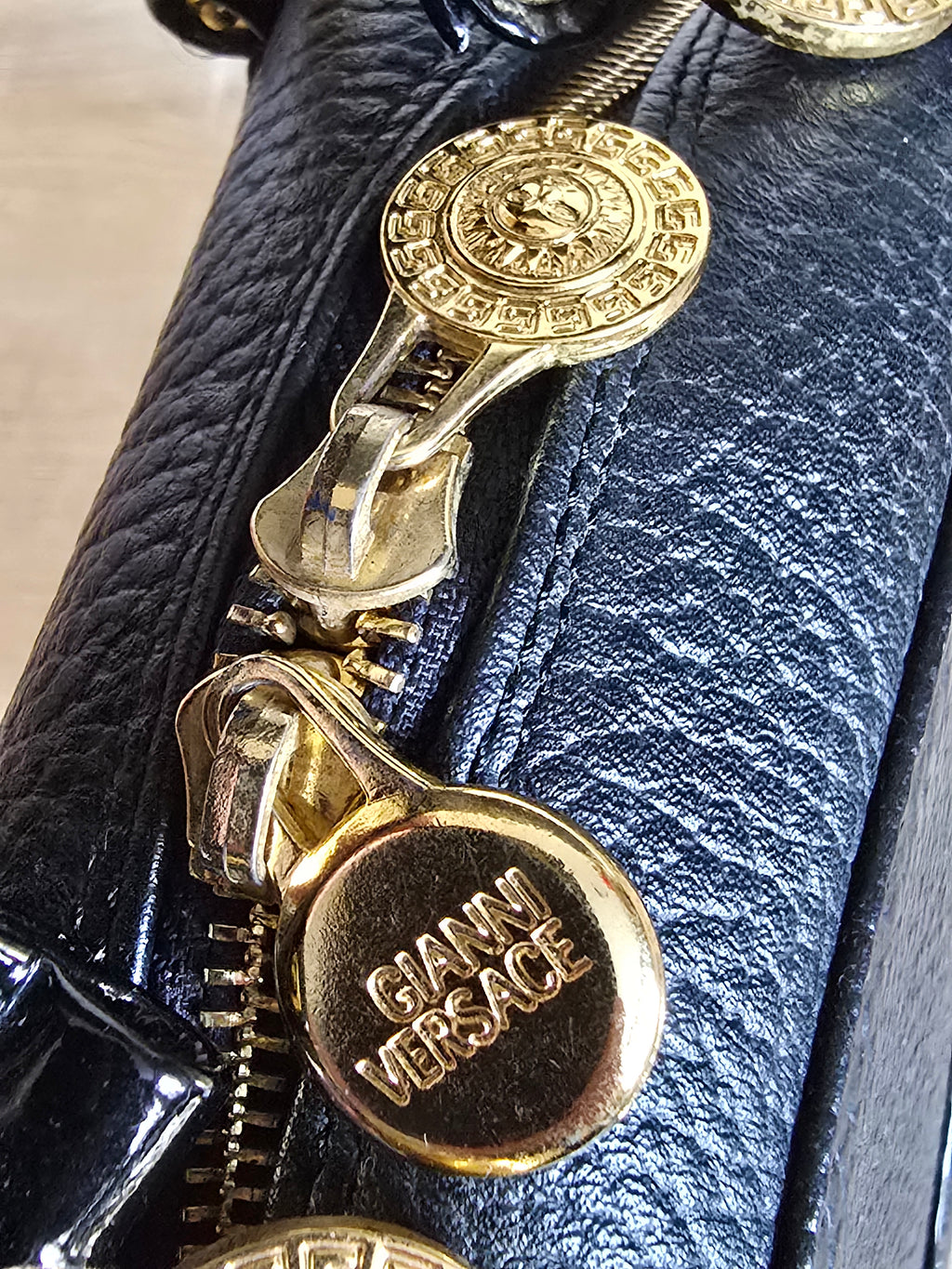 Versace Vintage Black Textured Leather Mini Top Handle Bag Sunburst Greek Key Gold Hardware