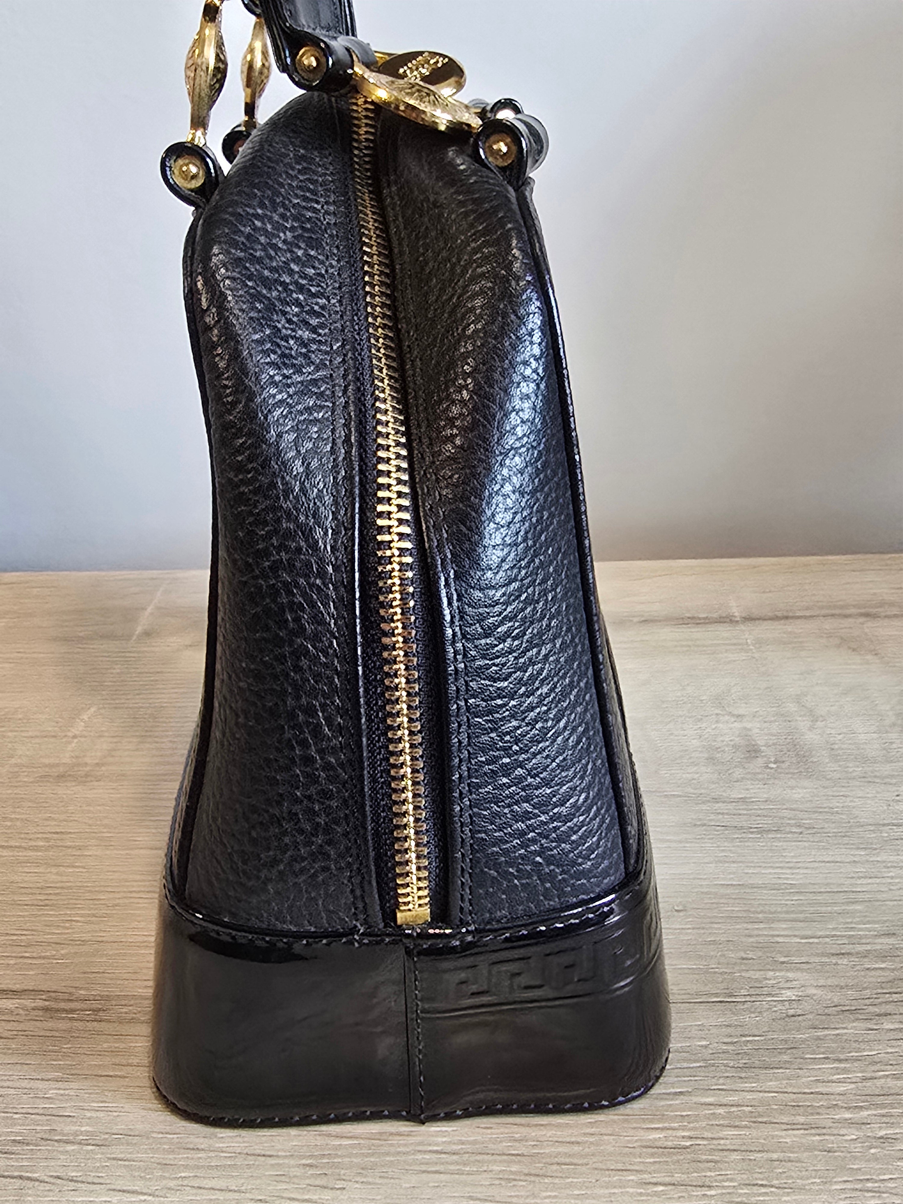 Versace Vintage Black Textured Leather Mini Top Handle Bag Sunburst Greek Key Gold Hardware