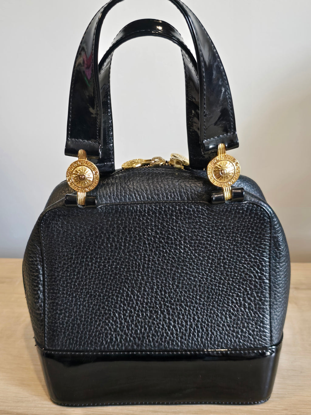 Versace Vintage Black Textured Leather Mini Top Handle Bag Sunburst Greek Key Gold Hardware