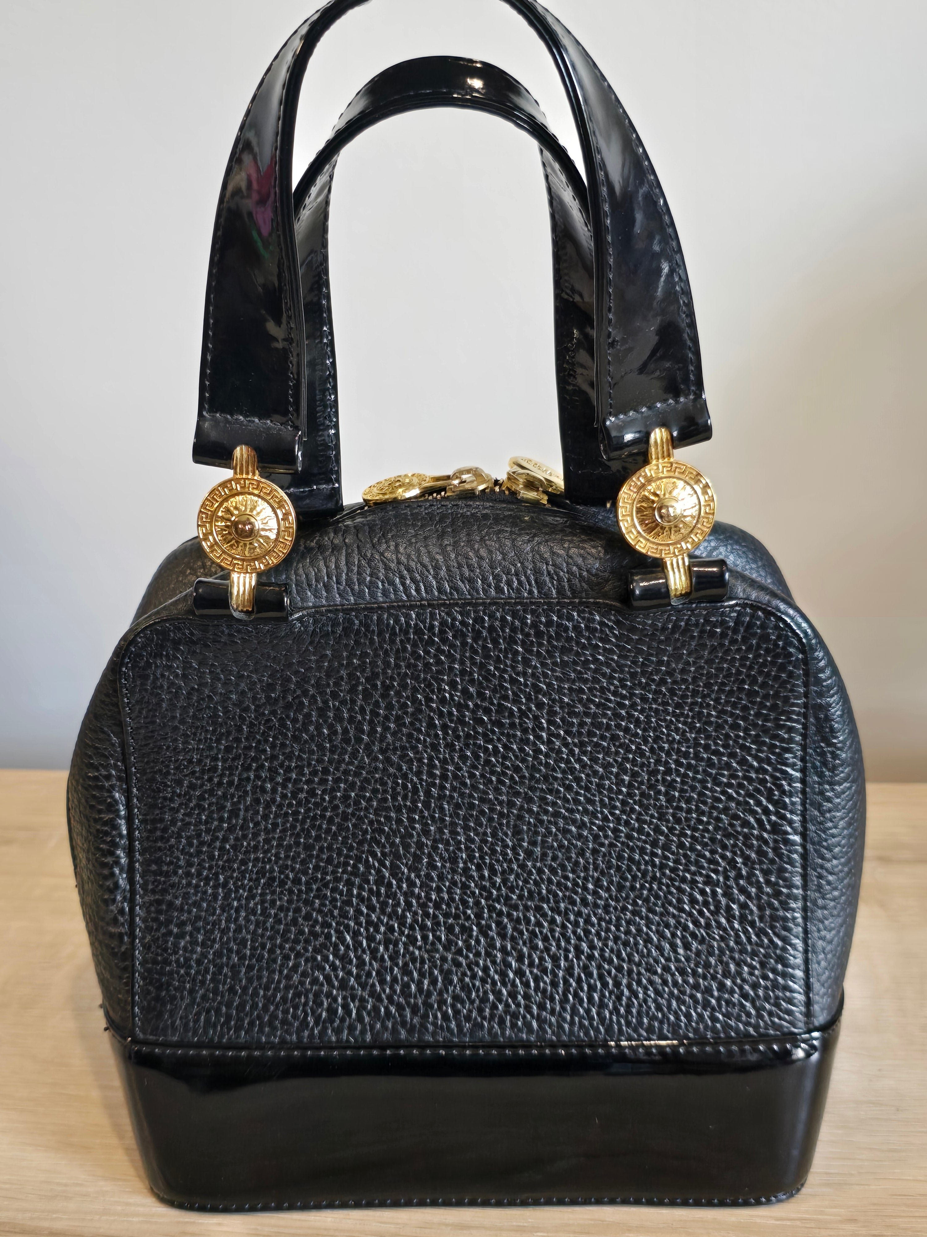 Versace Vintage Black Textured Leather Mini Top Handle Bag Sunburst Greek Key Gold Hardware