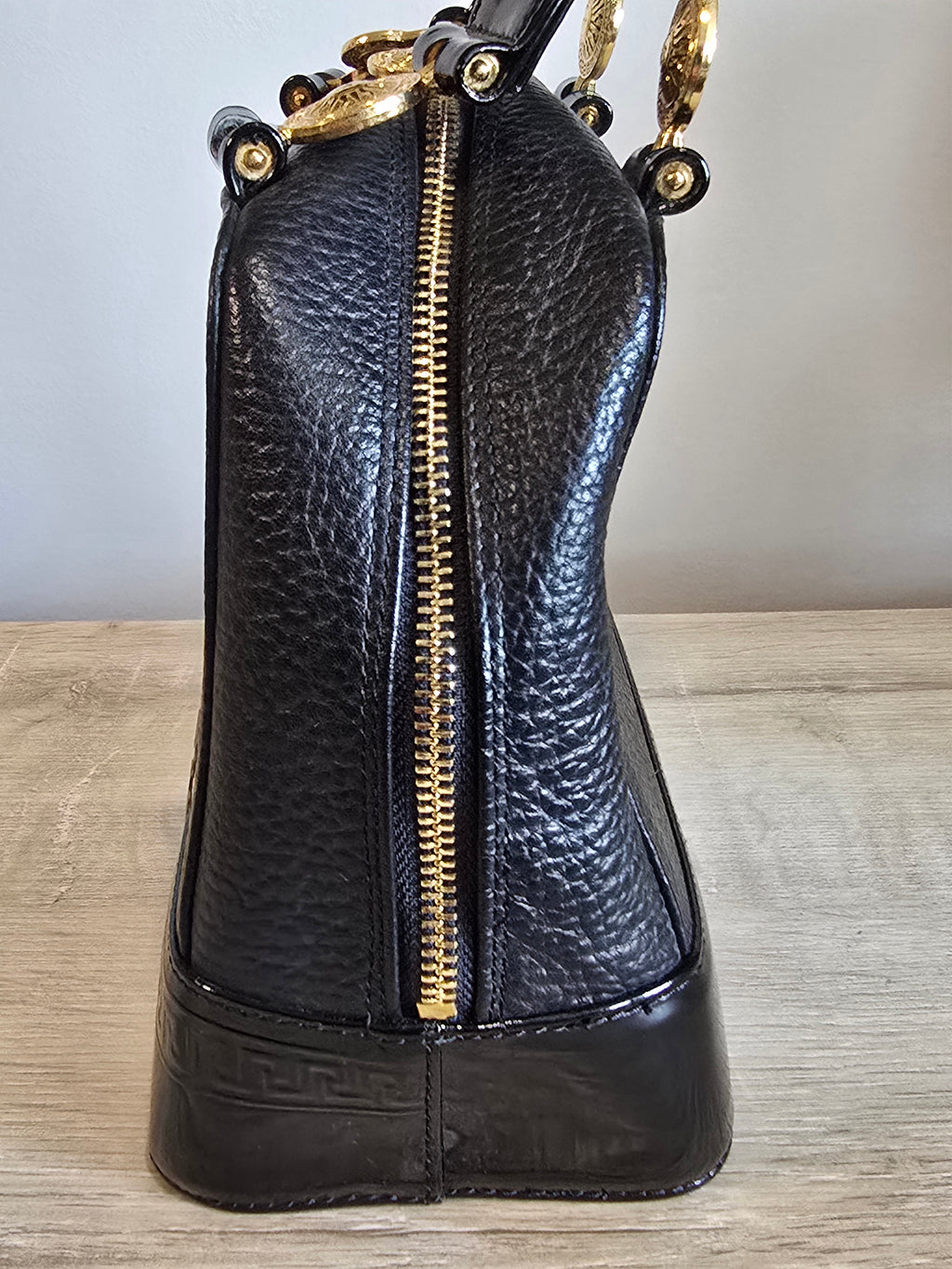 Versace Vintage Black Textured Leather Mini Top Handle Bag Sunburst Greek Key Gold Hardware