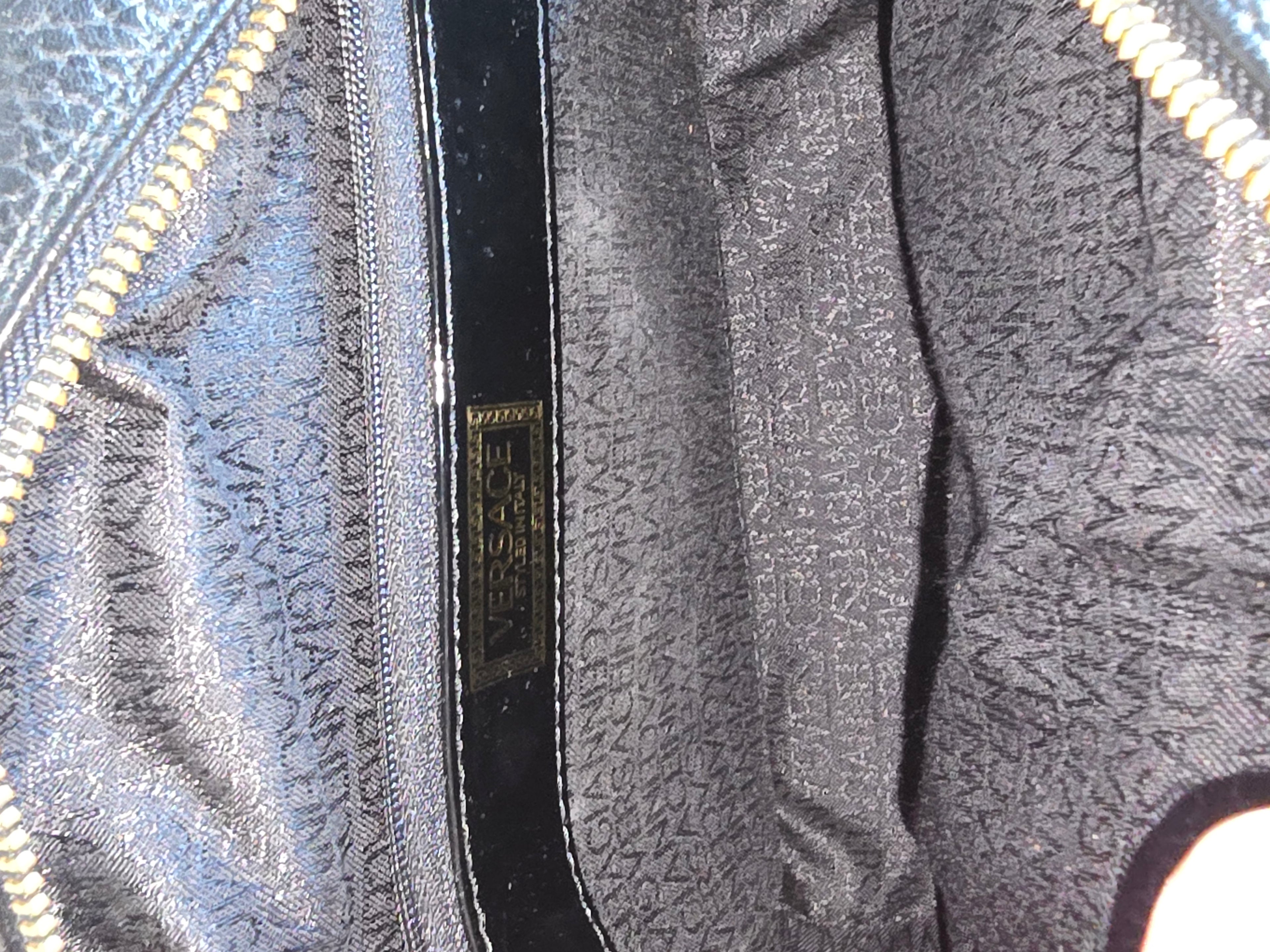 Versace Vintage Black Textured Leather Mini Top Handle Bag Sunburst Greek Key Gold Hardware
