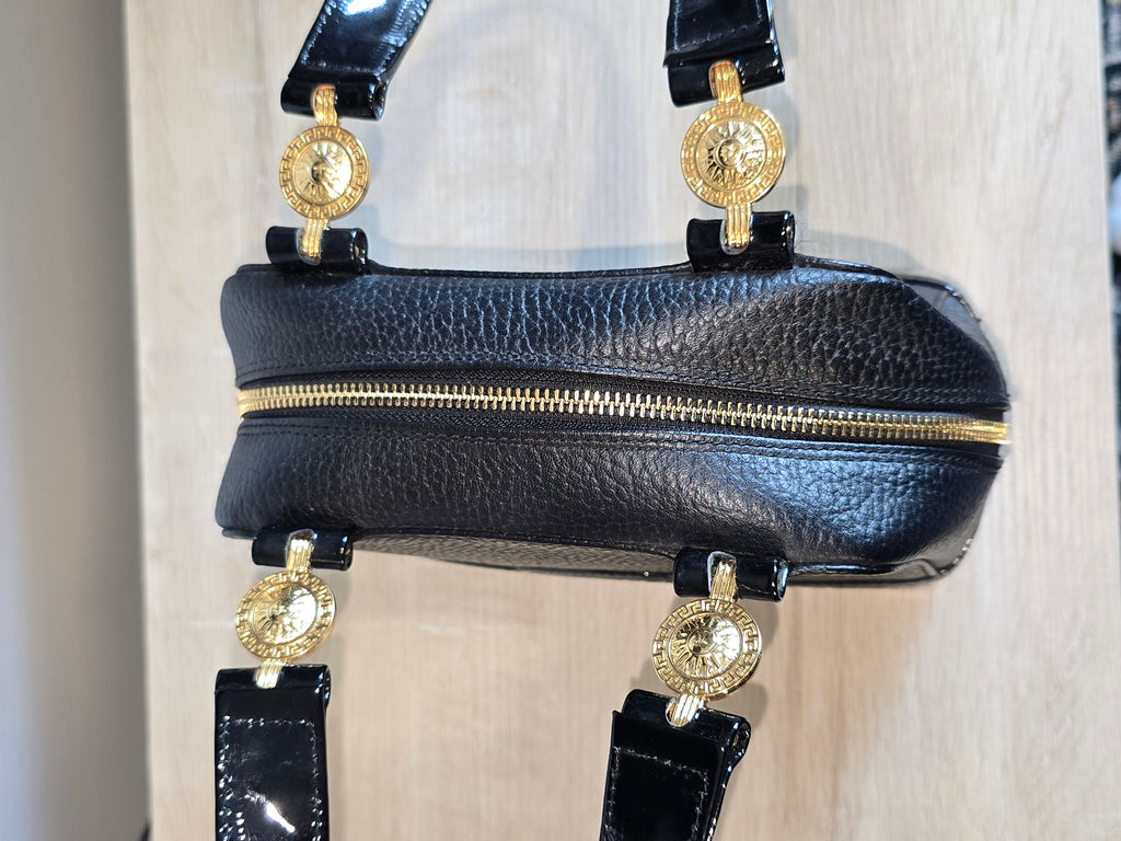 Versace Vintage Black Textured Leather Mini Top Handle Bag Sunburst Greek Key Gold Hardware