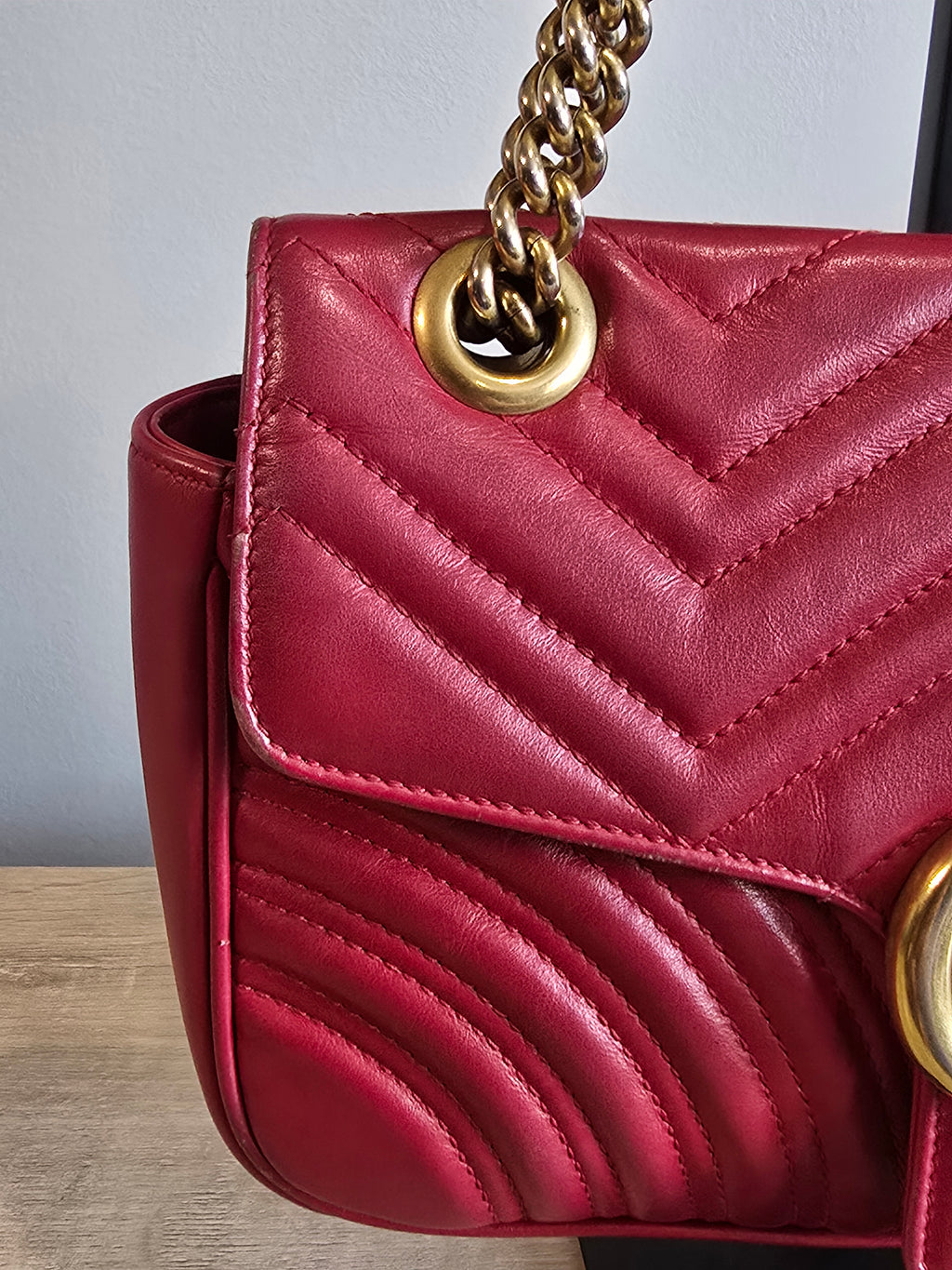 Gucci GG Marmont Medium Matelassé Leather Flap Bag Red Gold Hardware