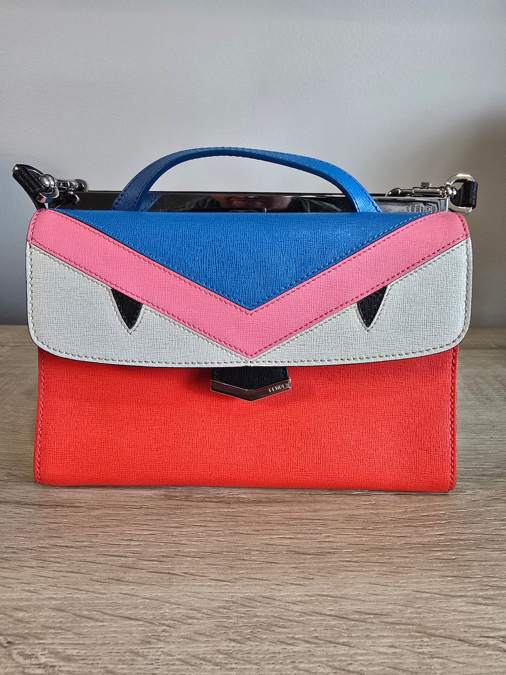 Fendi Monster Multicolor Top Handle Crossbody Bag Orange Blue Pink Silver Hardware